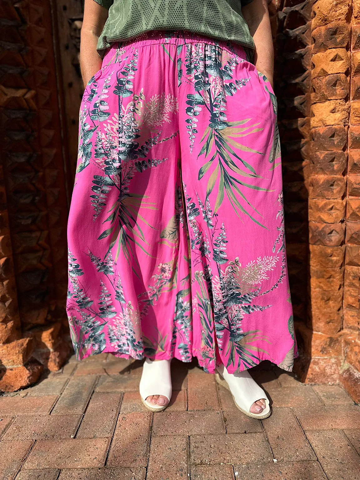 Lipstick Pink Botanical Print Wide Leg Trousers