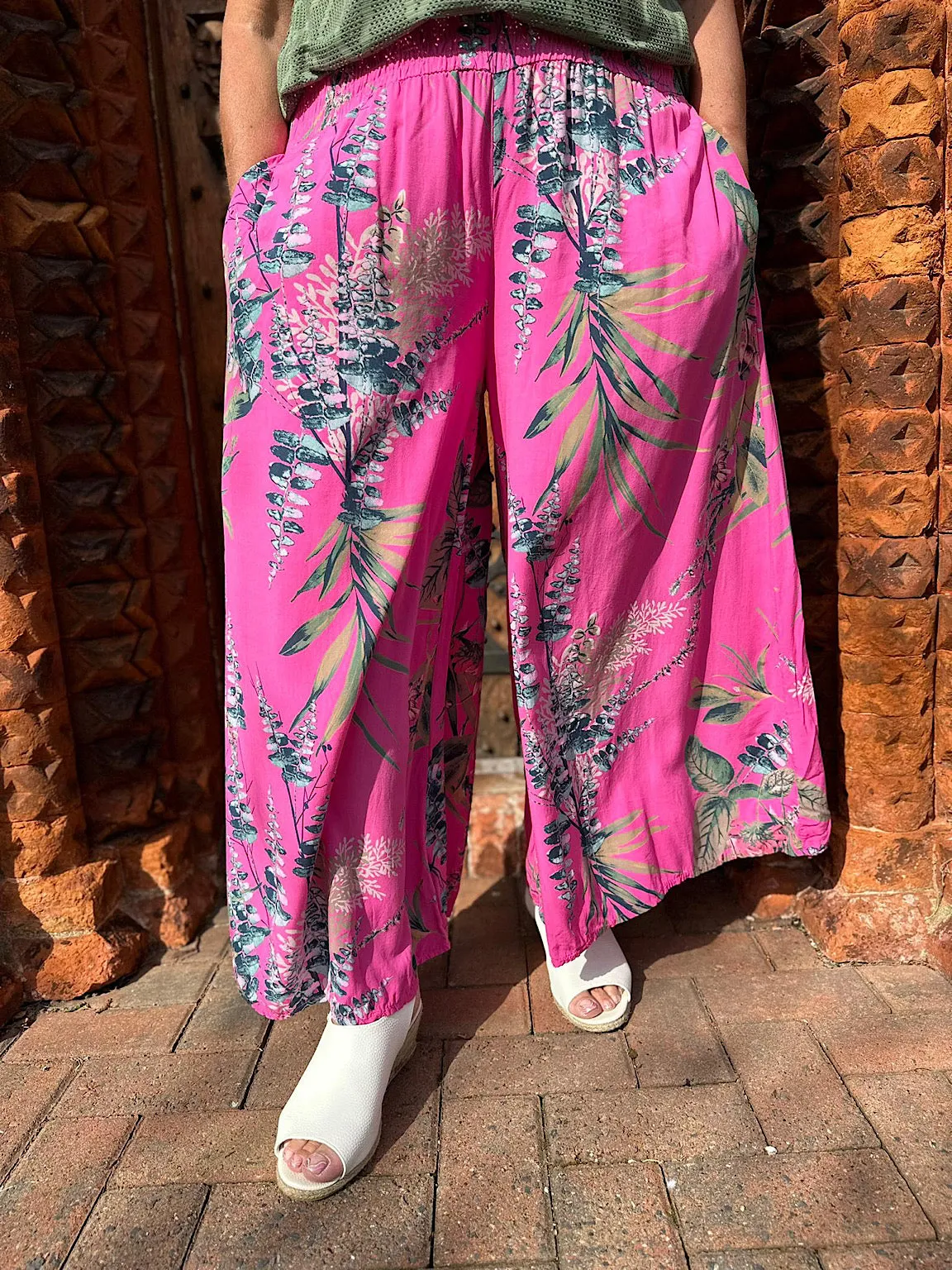 Lipstick Pink Botanical Print Wide Leg Trousers