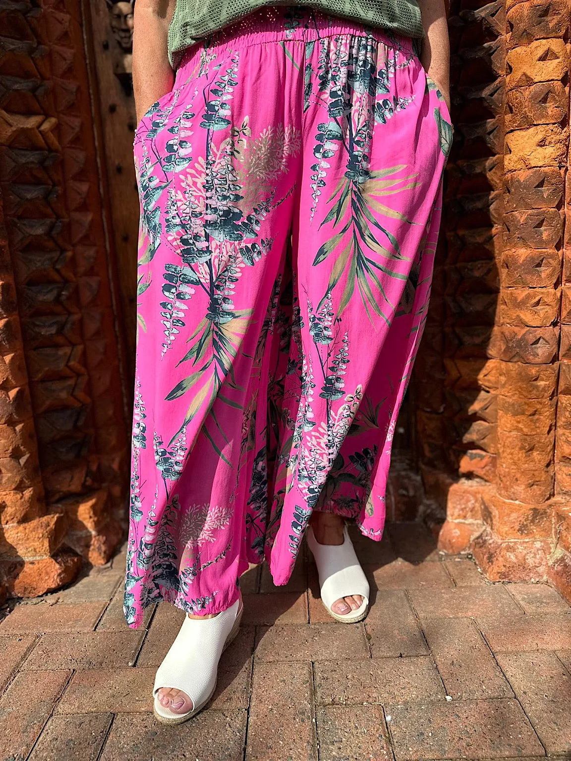 Lipstick Pink Botanical Print Wide Leg Trousers