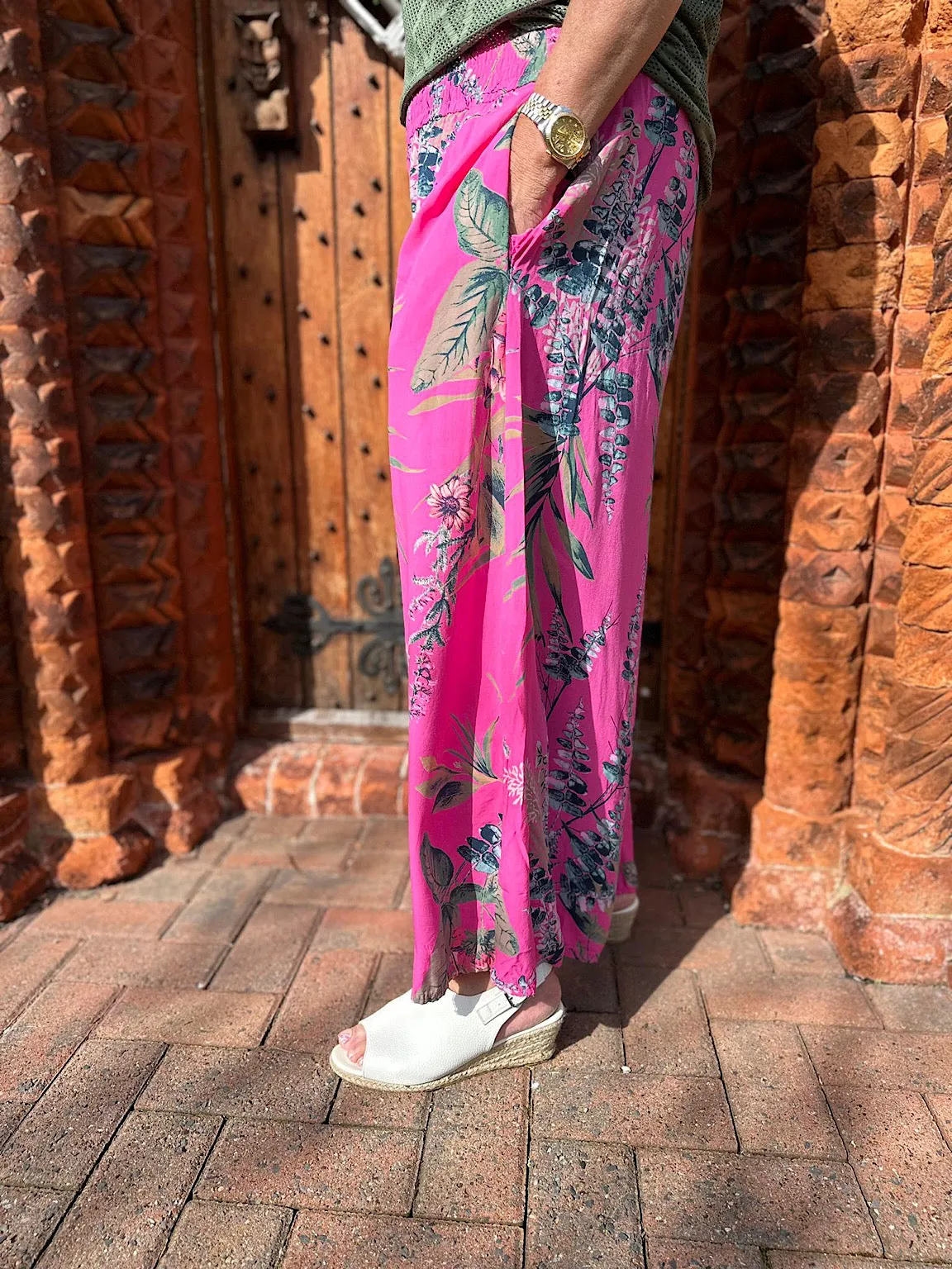 Lipstick Pink Botanical Print Wide Leg Trousers