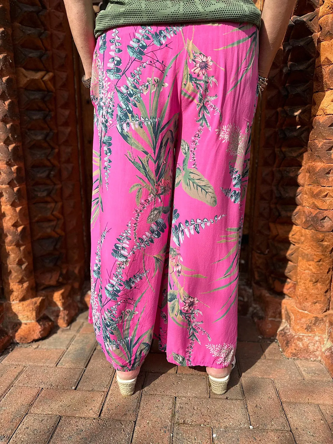 Lipstick Pink Botanical Print Wide Leg Trousers