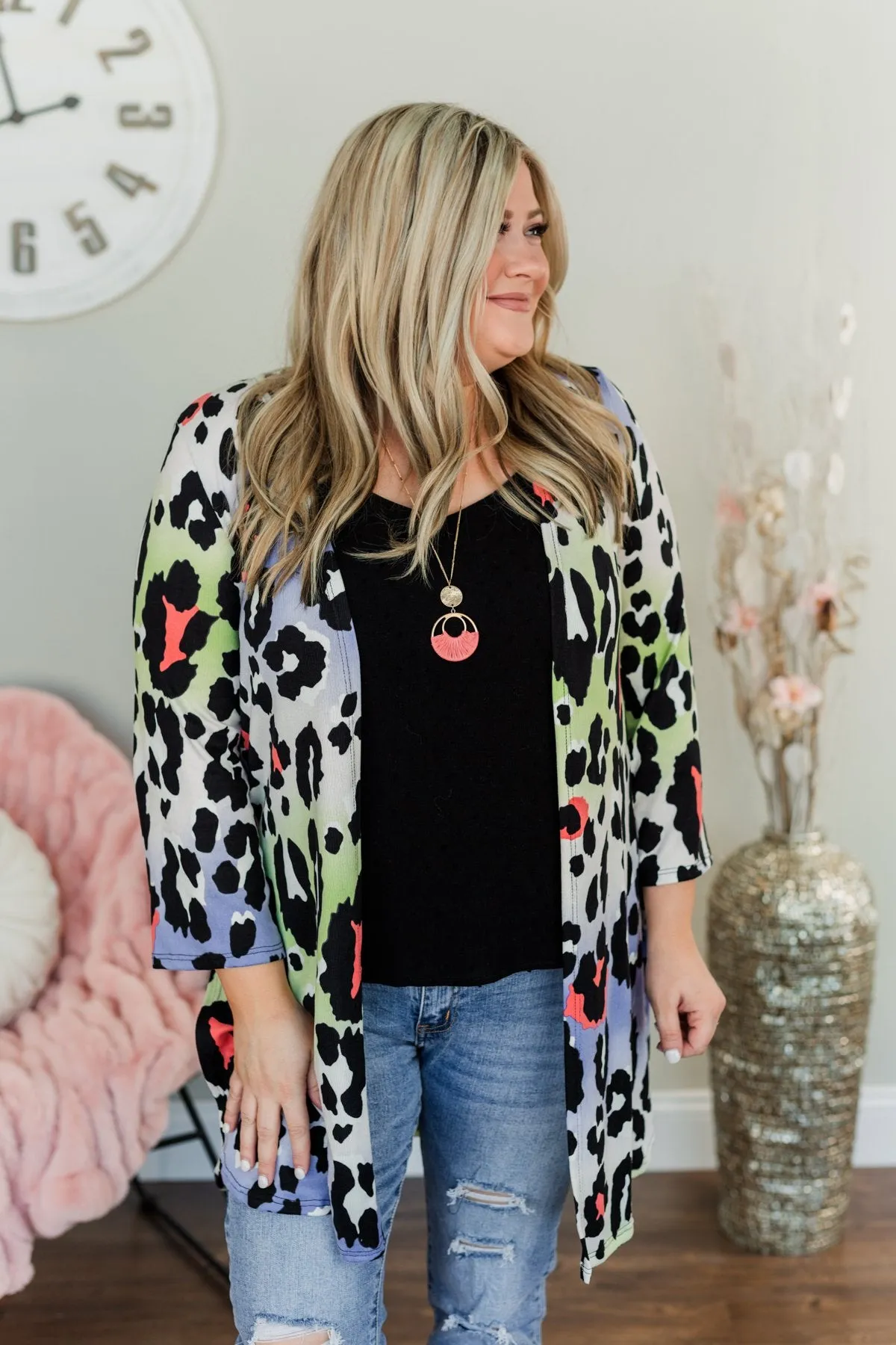 Lovely Life Of Mine Leopard Cardigan- Indigo, Lime, Coral & Ivory