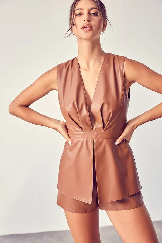 Micah Faux Leather Deep V-Neck Blazer Romper - Toffee