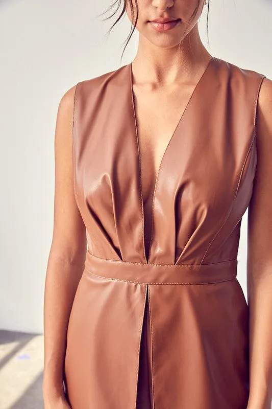 Micah Faux Leather Deep V-Neck Blazer Romper - Toffee