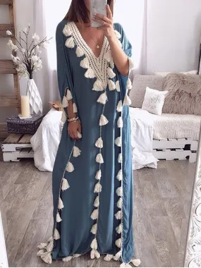 Momnfancy Blue Fringe V-neck Knitwear Robe Style Smock Oversize Maternity Maxi Dress