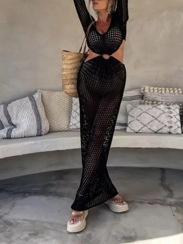 Momnfancy Chic Black Crochet Knitwear Cutout Bare Waist Transparent Holiday Photoshoot Cover-Ups Maternity Maxi Dress