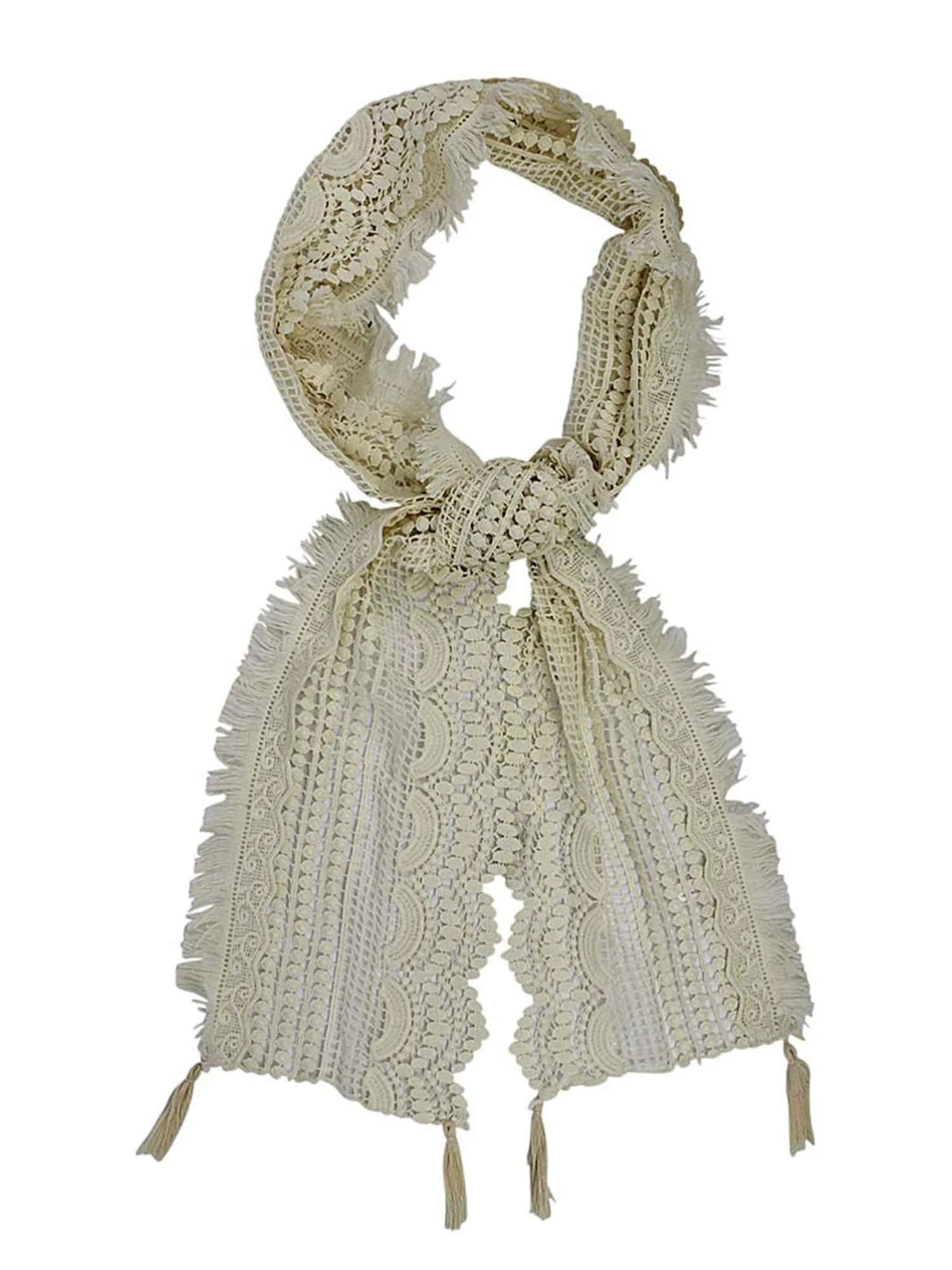 Multi Pattern Lace Scarf With Tassel Fringe