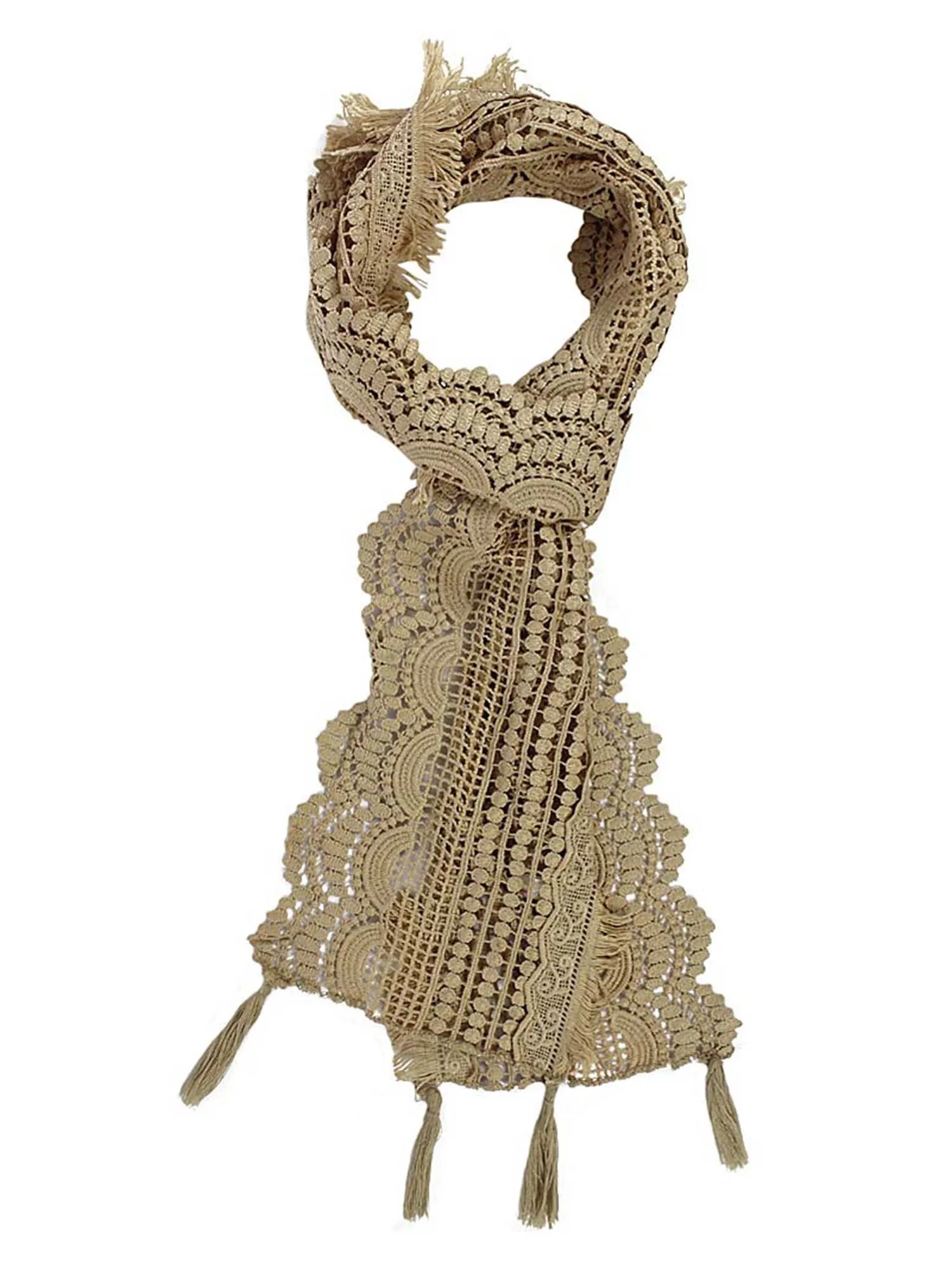 Multi Pattern Lace Scarf With Tassel Fringe