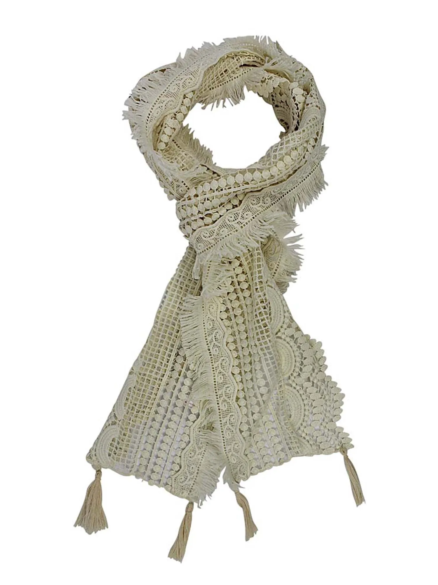 Multi Pattern Lace Scarf With Tassel Fringe