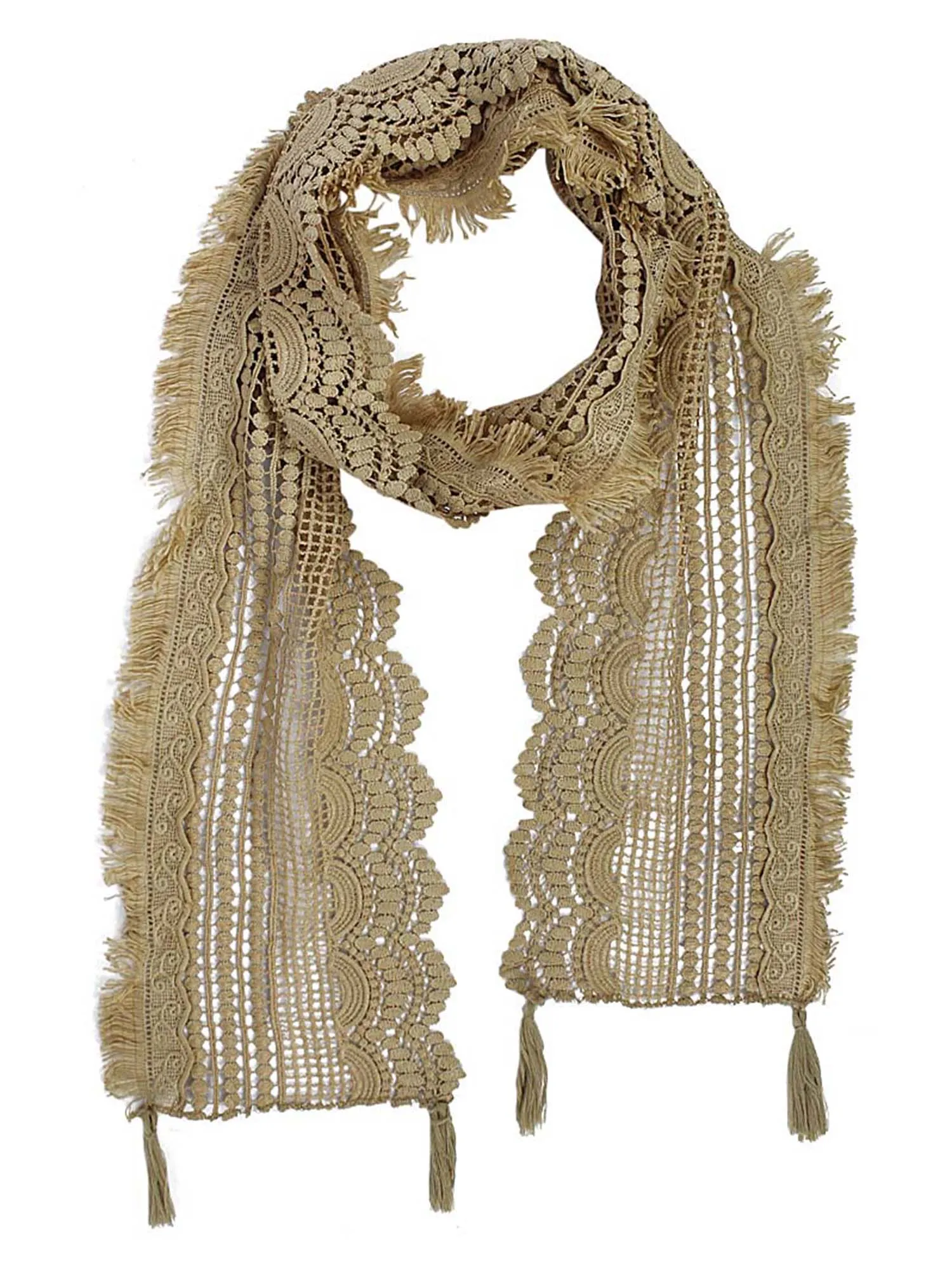 Multi Pattern Lace Scarf With Tassel Fringe