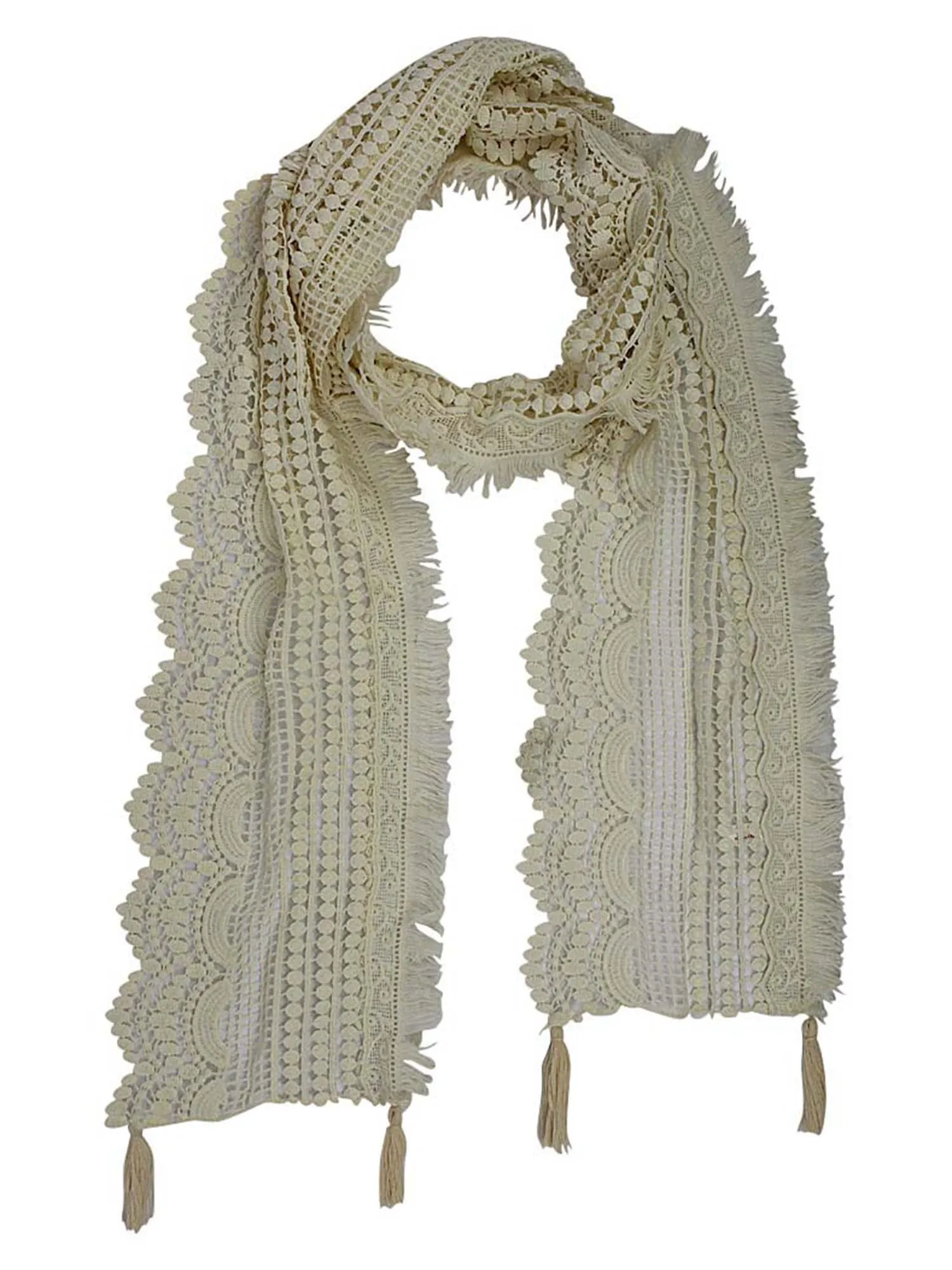 Multi Pattern Lace Scarf With Tassel Fringe