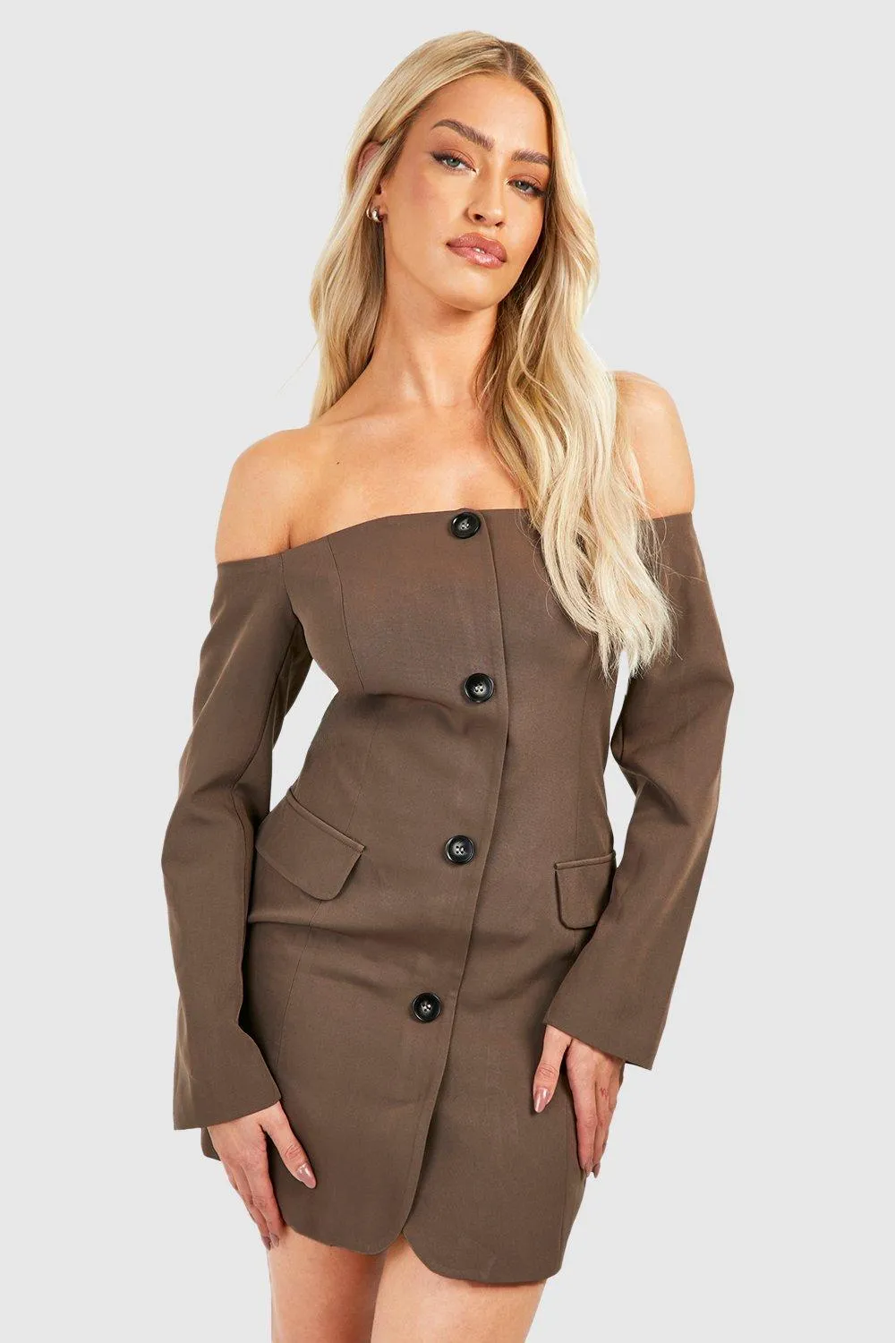 Off The Shoulder Button Front Blazer Dress