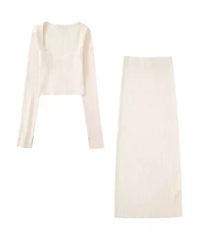 Off White Knitted Long Skirt Top Set