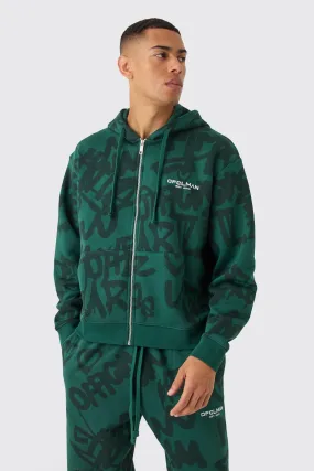 Oversized Boxy All Over Graffiti Printed Zip Through Hoodie