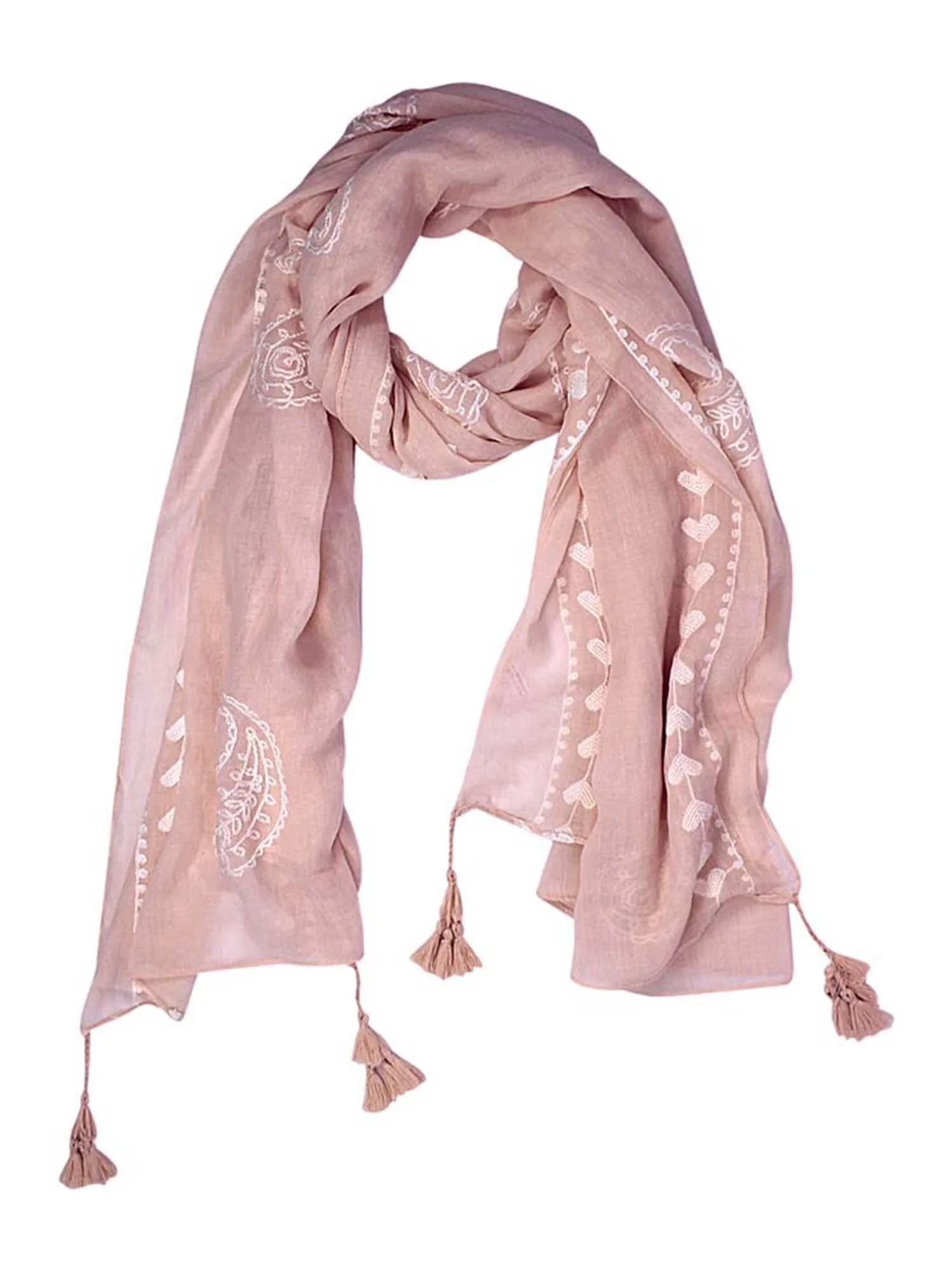 Paisley Heart Embroidered Boho Scarf With Tassel Trim