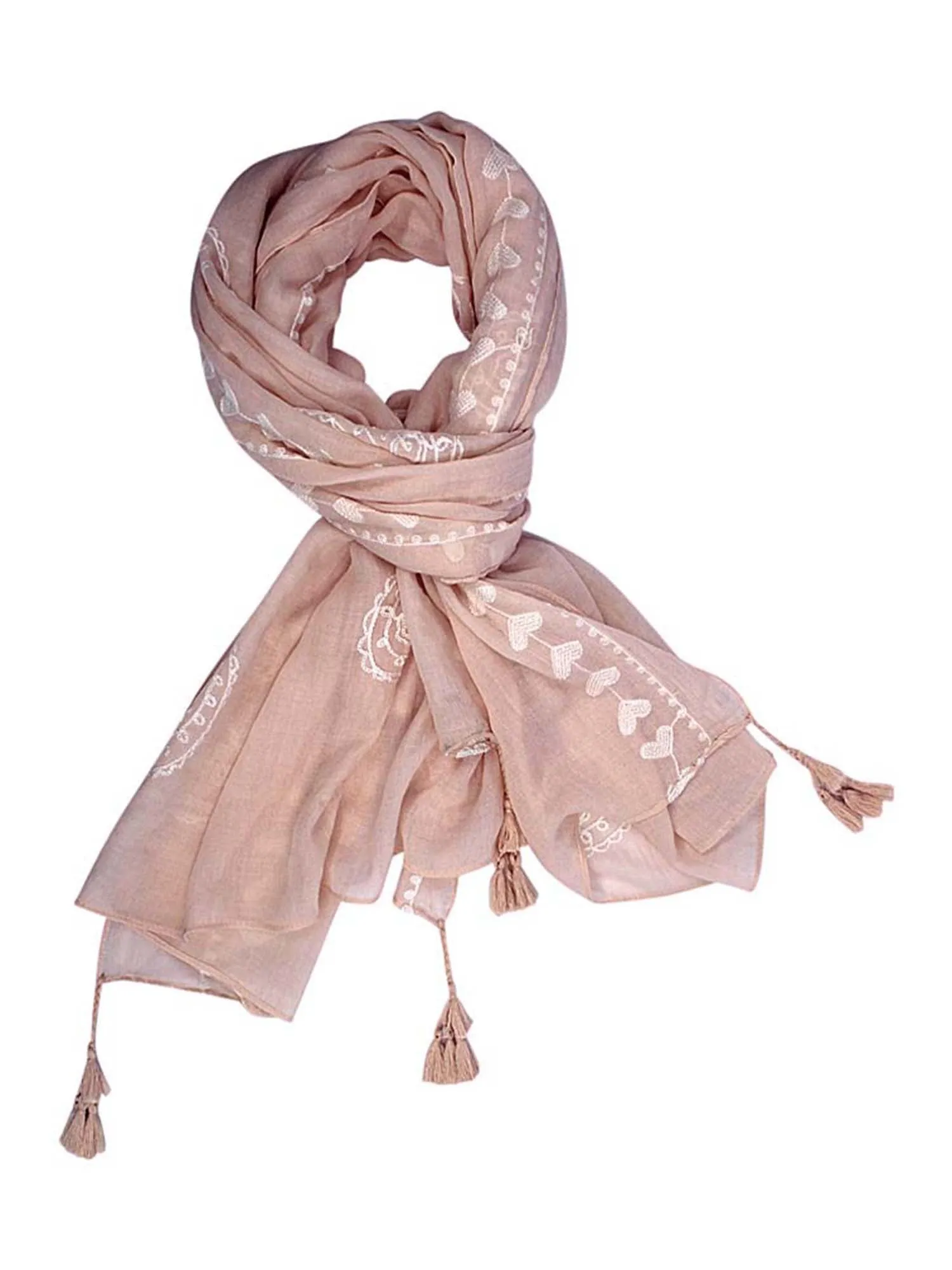 Paisley Heart Embroidered Boho Scarf With Tassel Trim