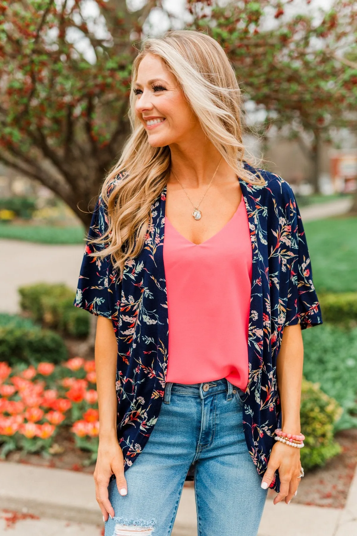 Picturing Paradise Floral Kimono- Navy