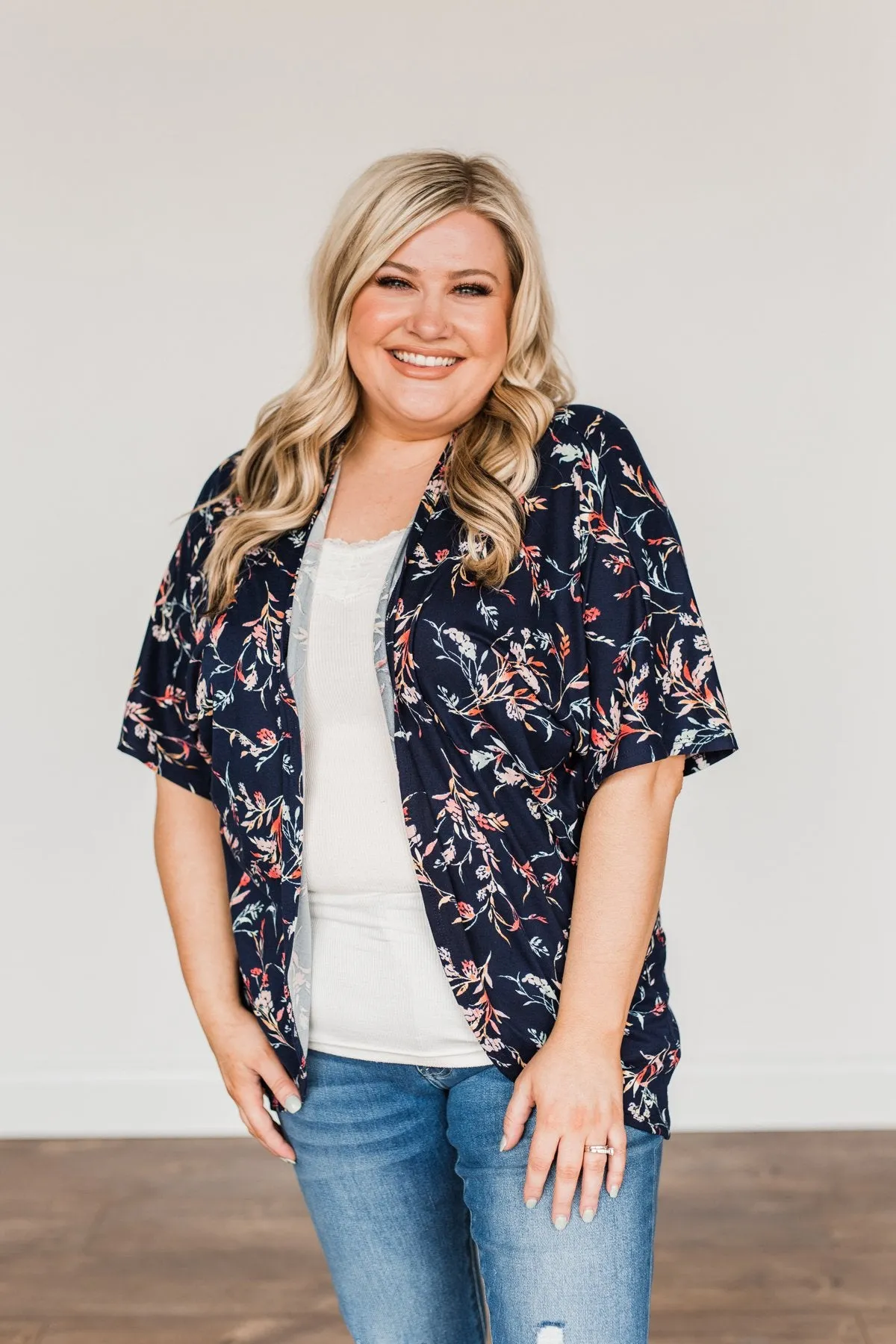 Picturing Paradise Floral Kimono- Navy