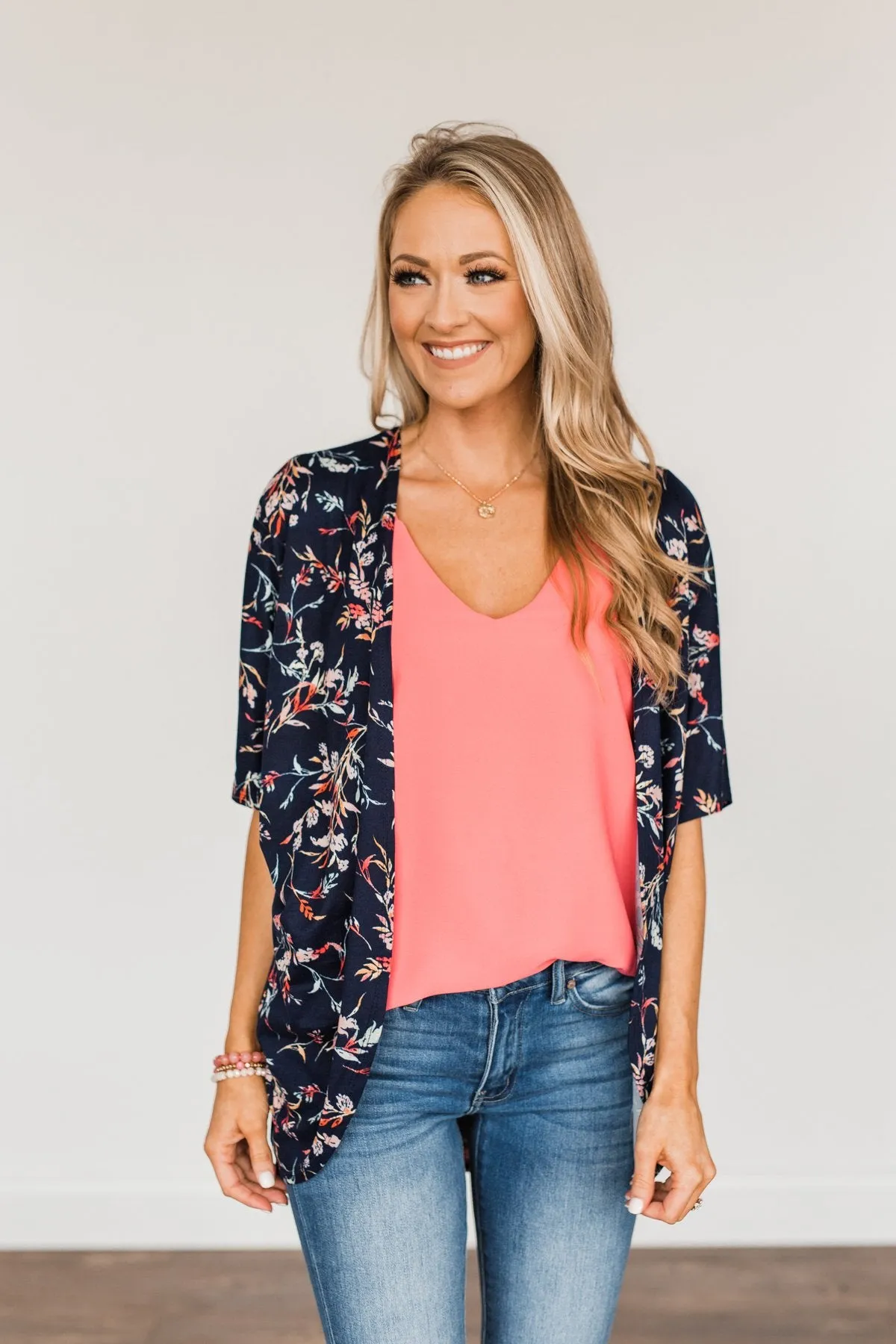 Picturing Paradise Floral Kimono- Navy