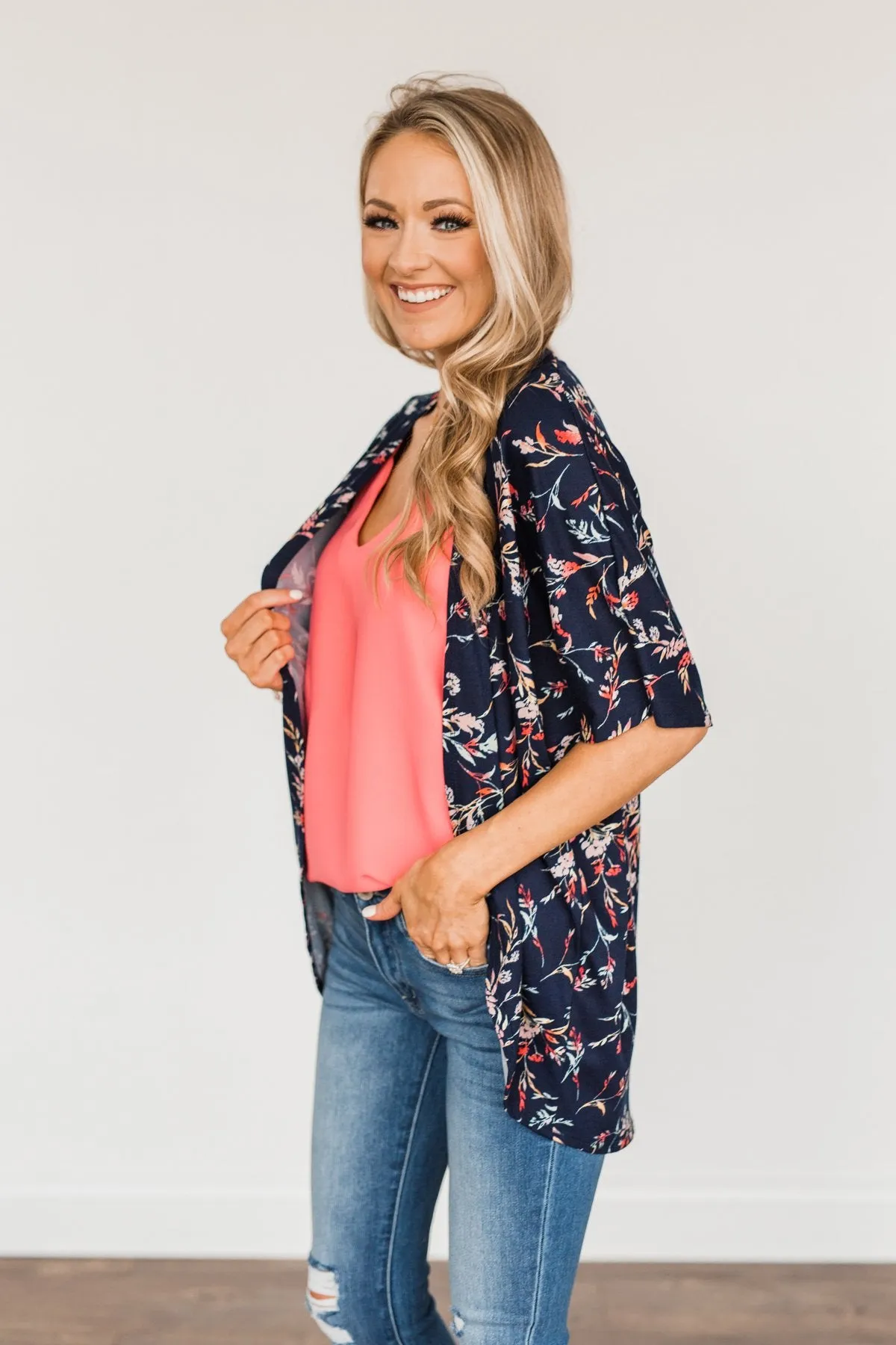 Picturing Paradise Floral Kimono- Navy