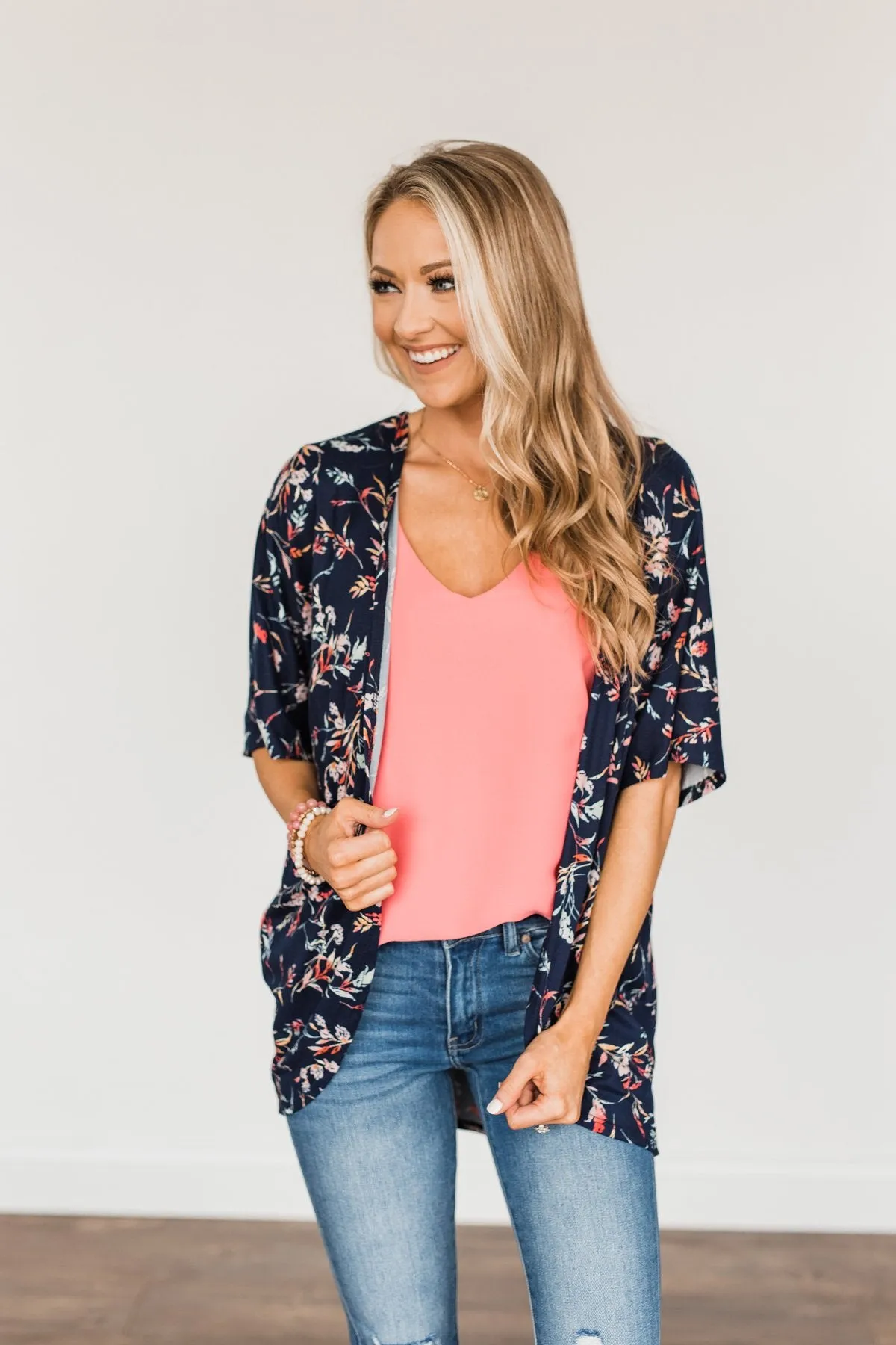 Picturing Paradise Floral Kimono- Navy