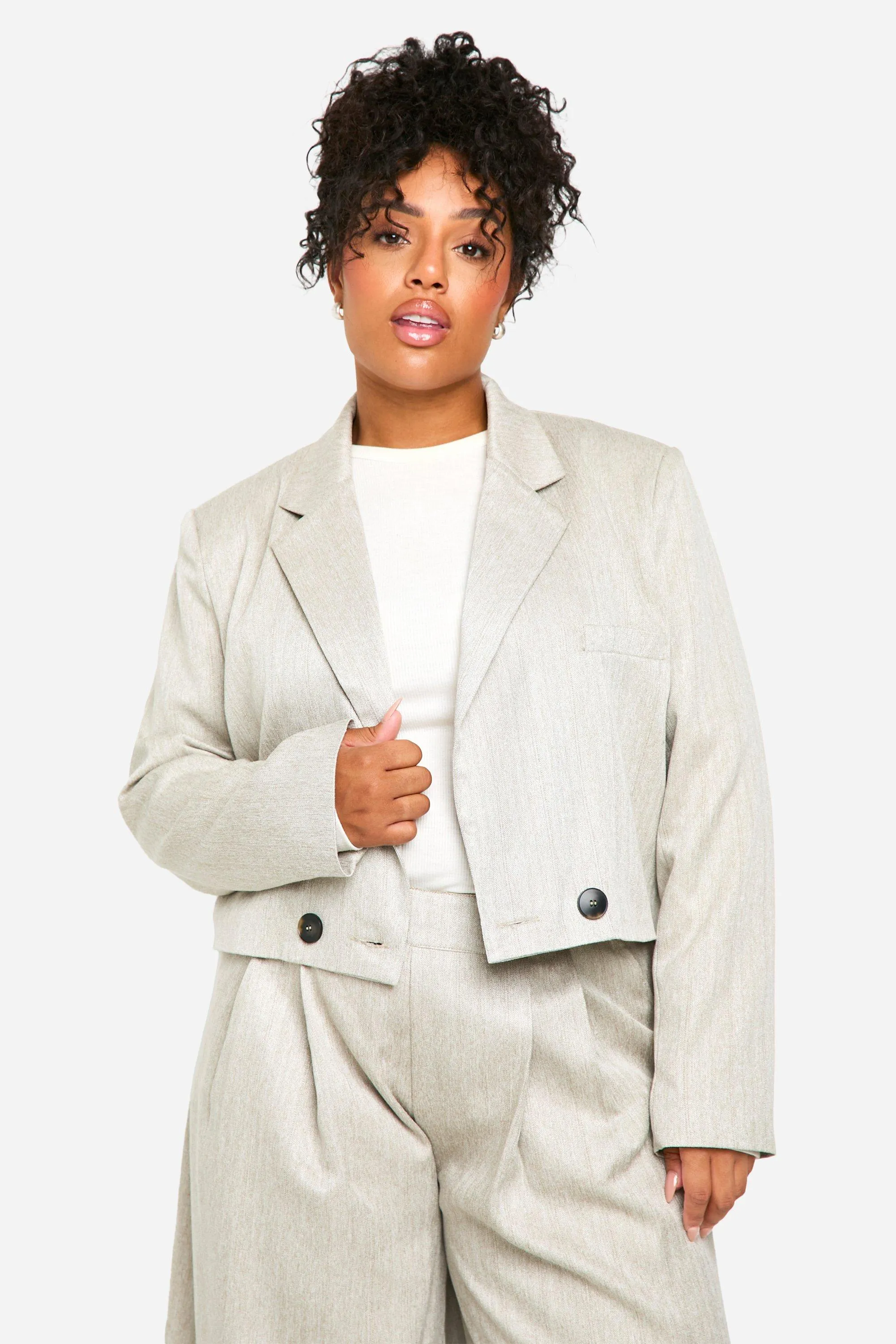 Plus Textured Single Button Cropped Boxy Blazer