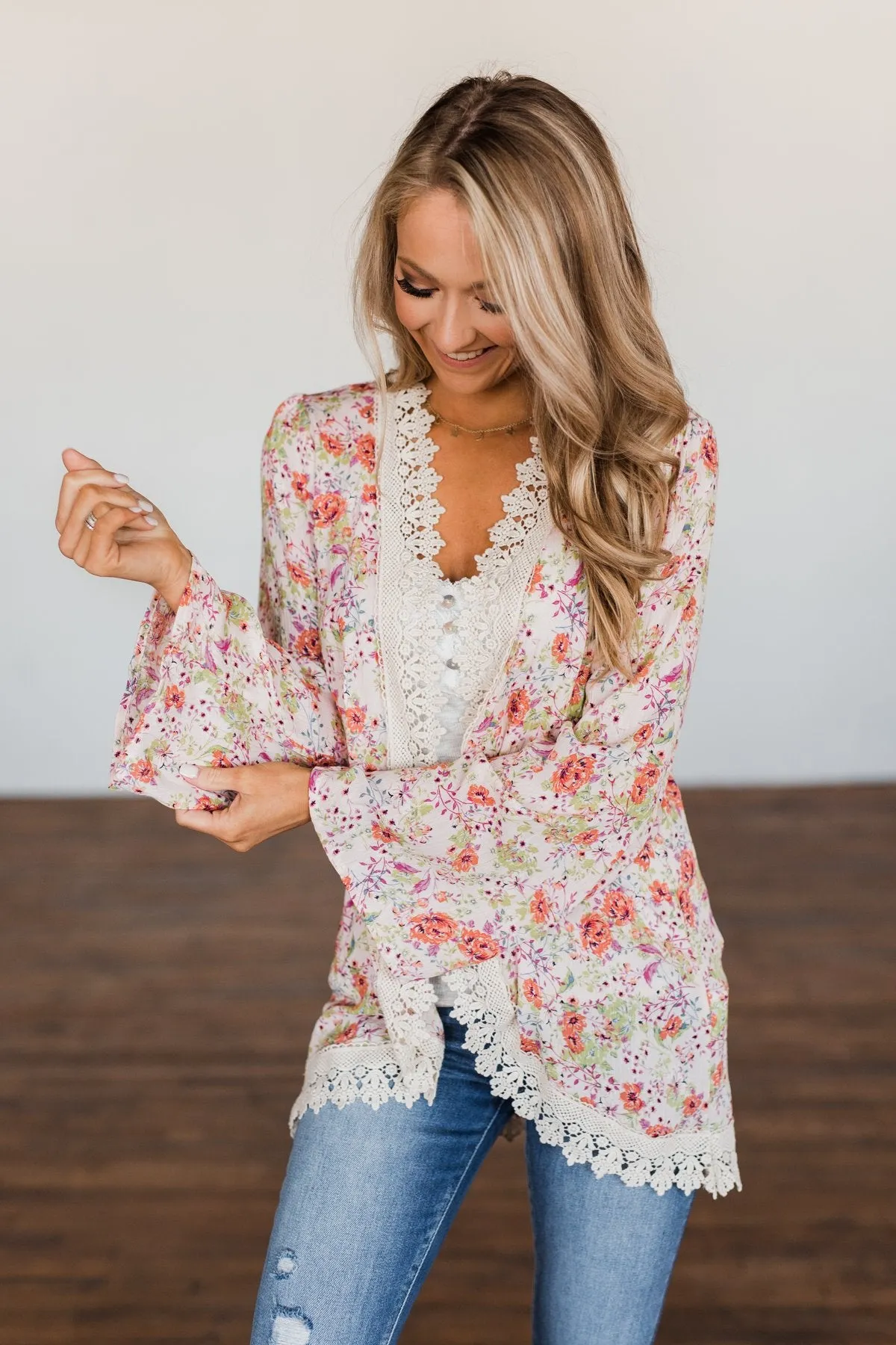 Power Of Love Floral Lace Kimono- Light Pink