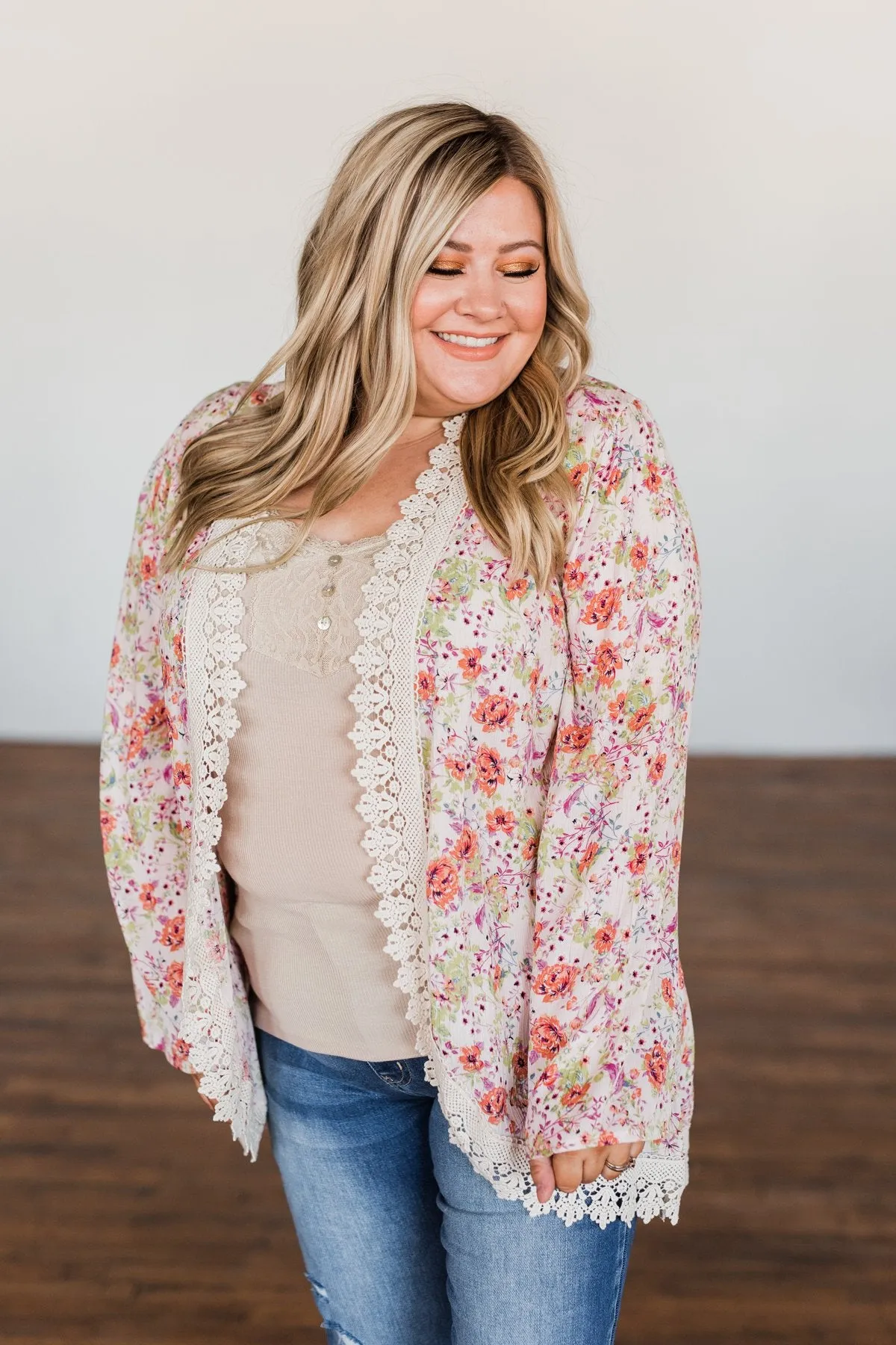 Power Of Love Floral Lace Kimono- Light Pink