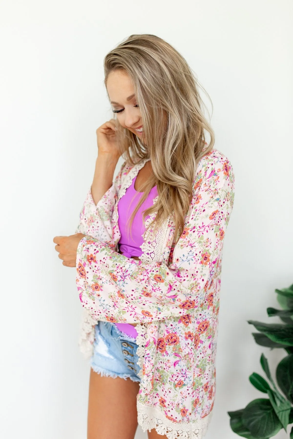 Power Of Love Floral Lace Kimono- Light Pink