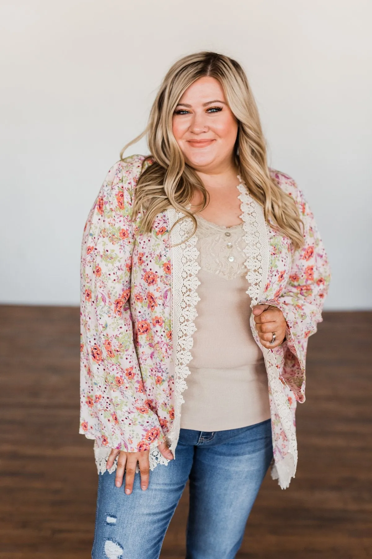 Power Of Love Floral Lace Kimono- Light Pink