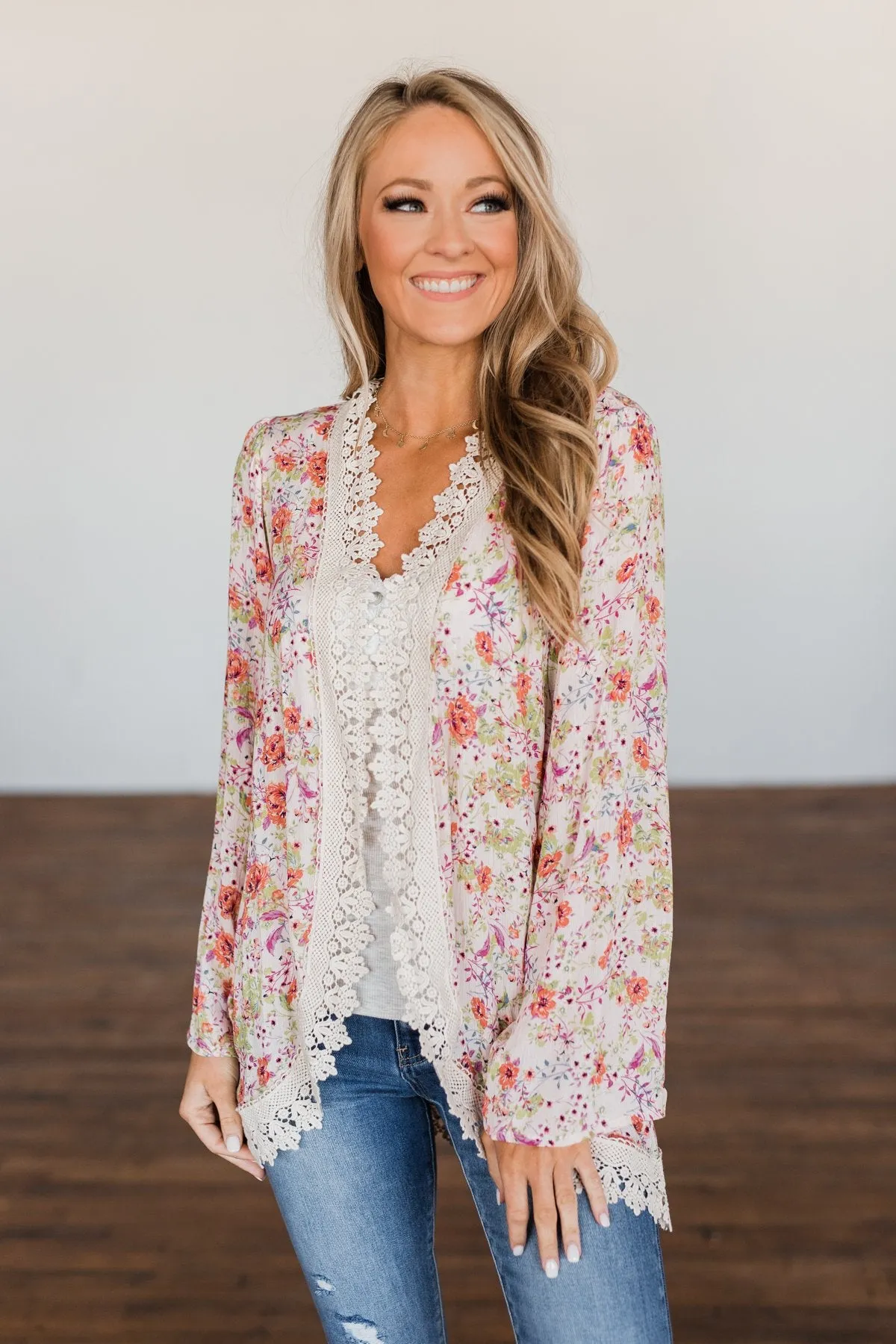 Power Of Love Floral Lace Kimono- Light Pink