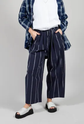 Pull String Waist Trousers in Indigo Striped