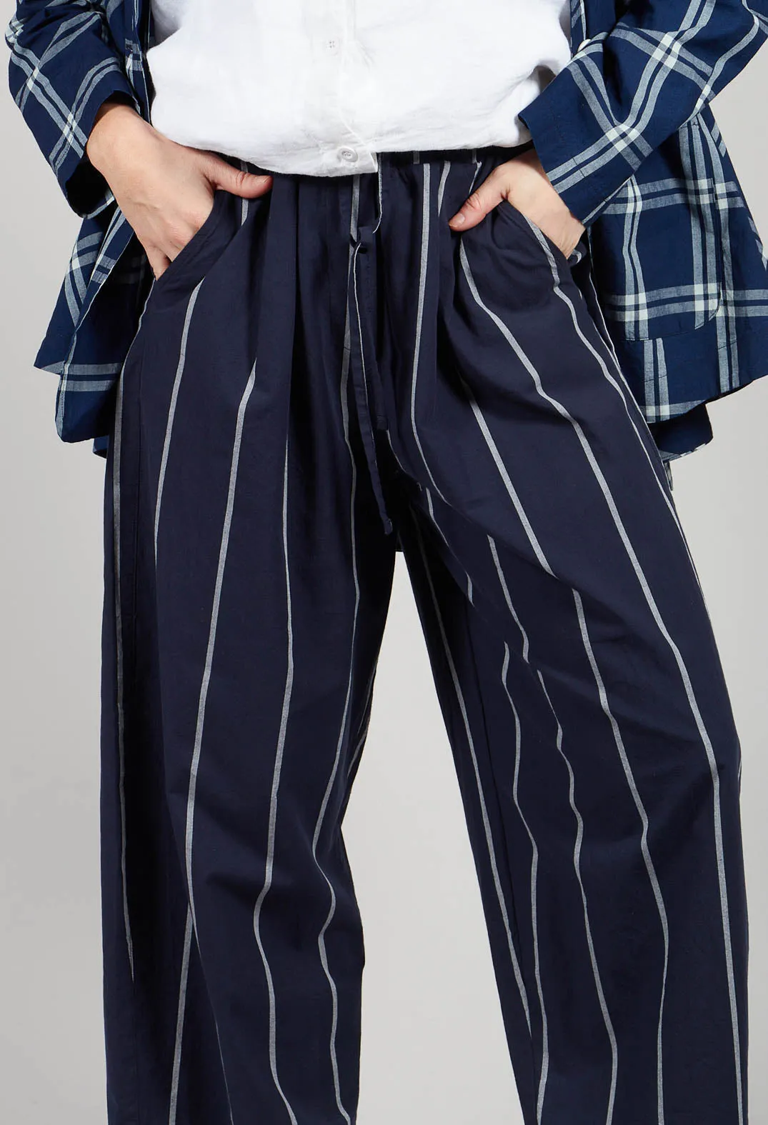 Pull String Waist Trousers in Indigo Striped