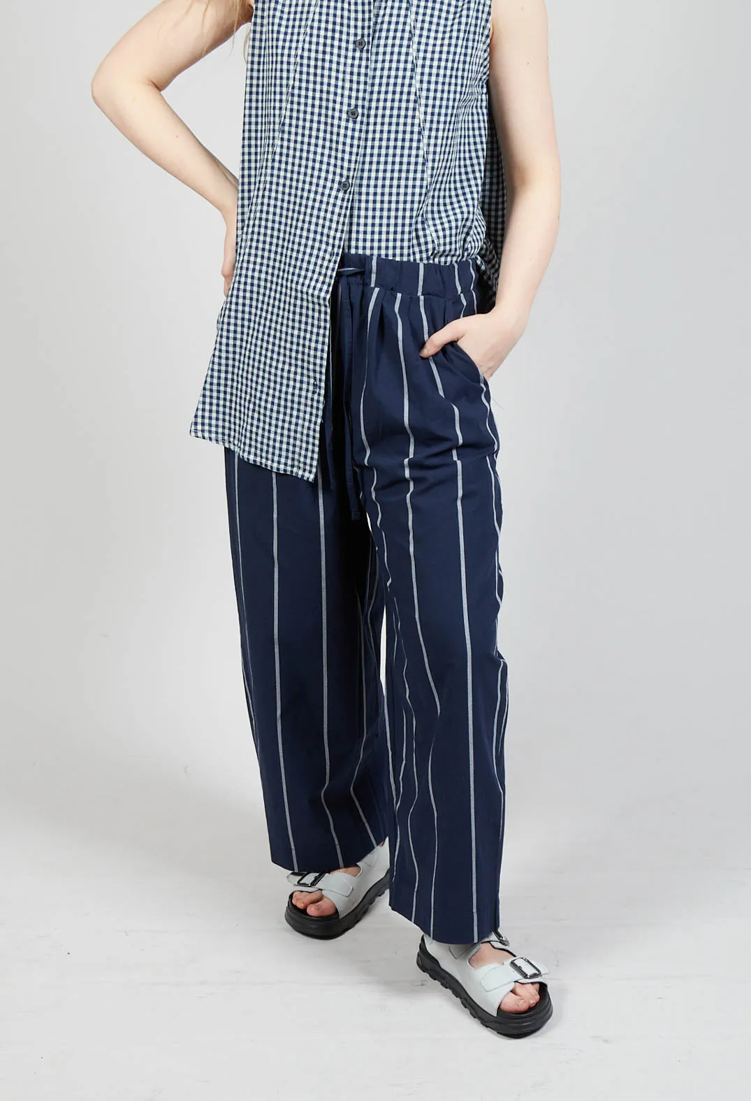 Pull String Waist Trousers in Indigo Striped