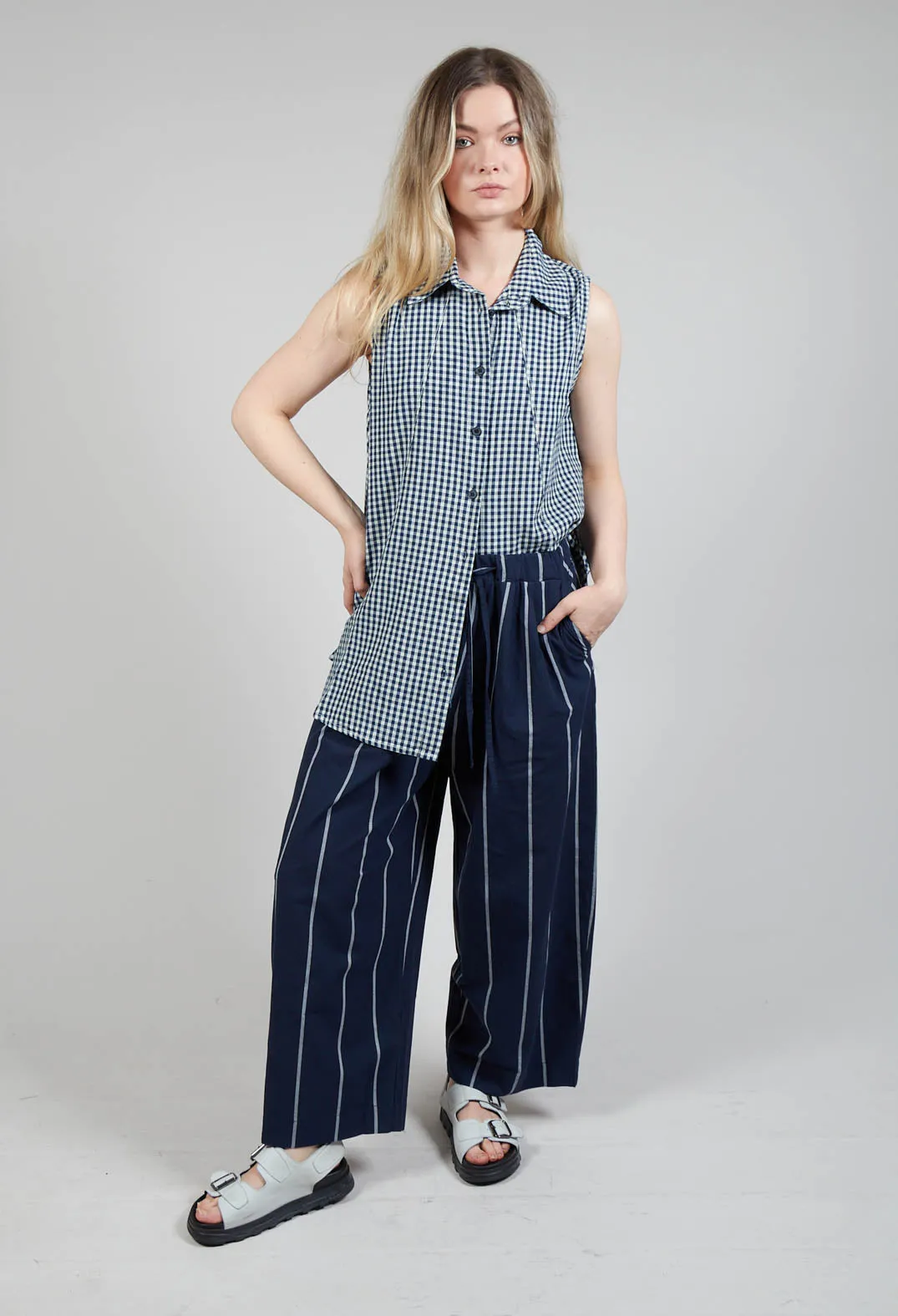 Pull String Waist Trousers in Indigo Striped