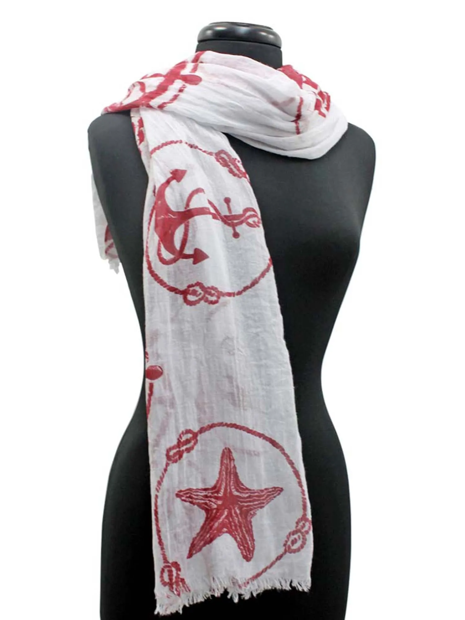 Red & White Nautical Anchor & Starfish Print Lightweight Scarf