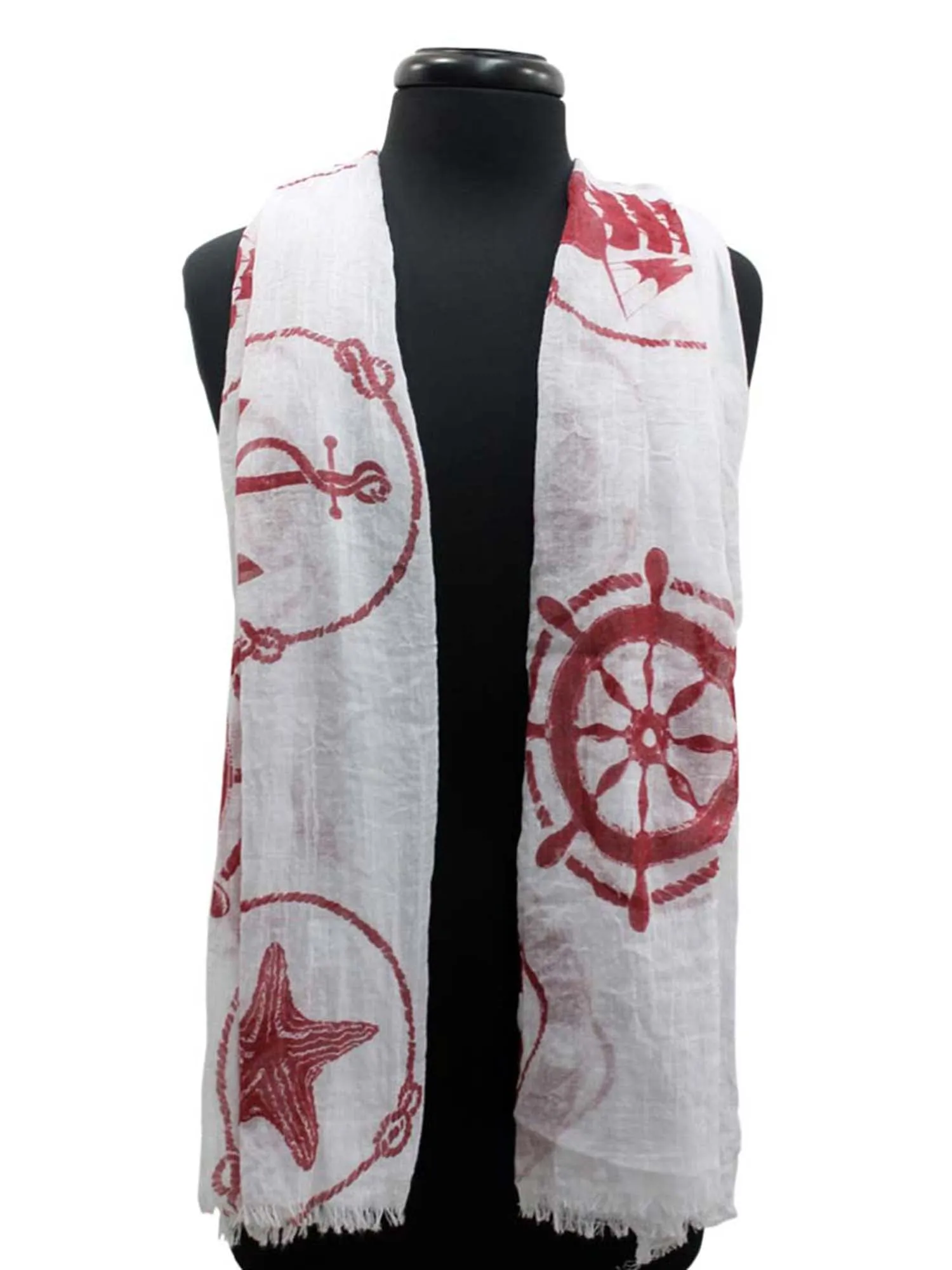 Red & White Nautical Anchor & Starfish Print Lightweight Scarf