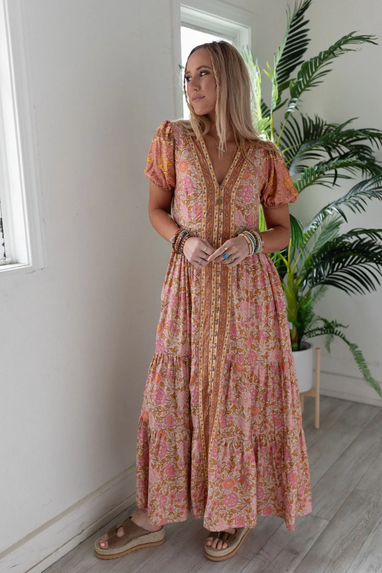 Rustic Rose Border Print Maxi Dress - Rose