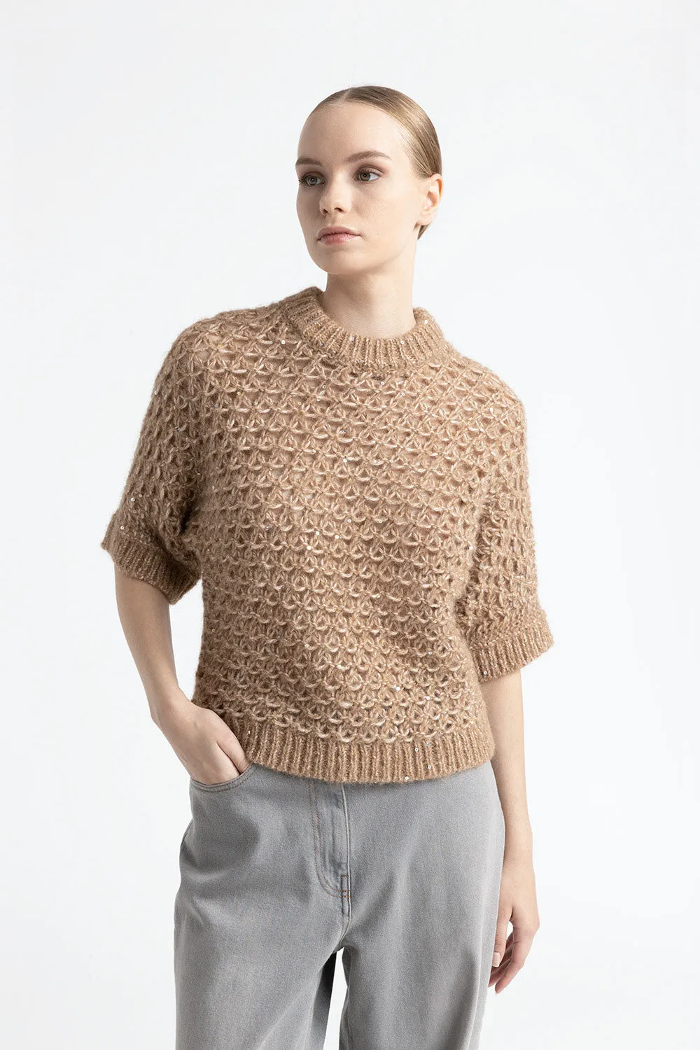 Short-sleeved sweater in an alpaca yarn with sequins