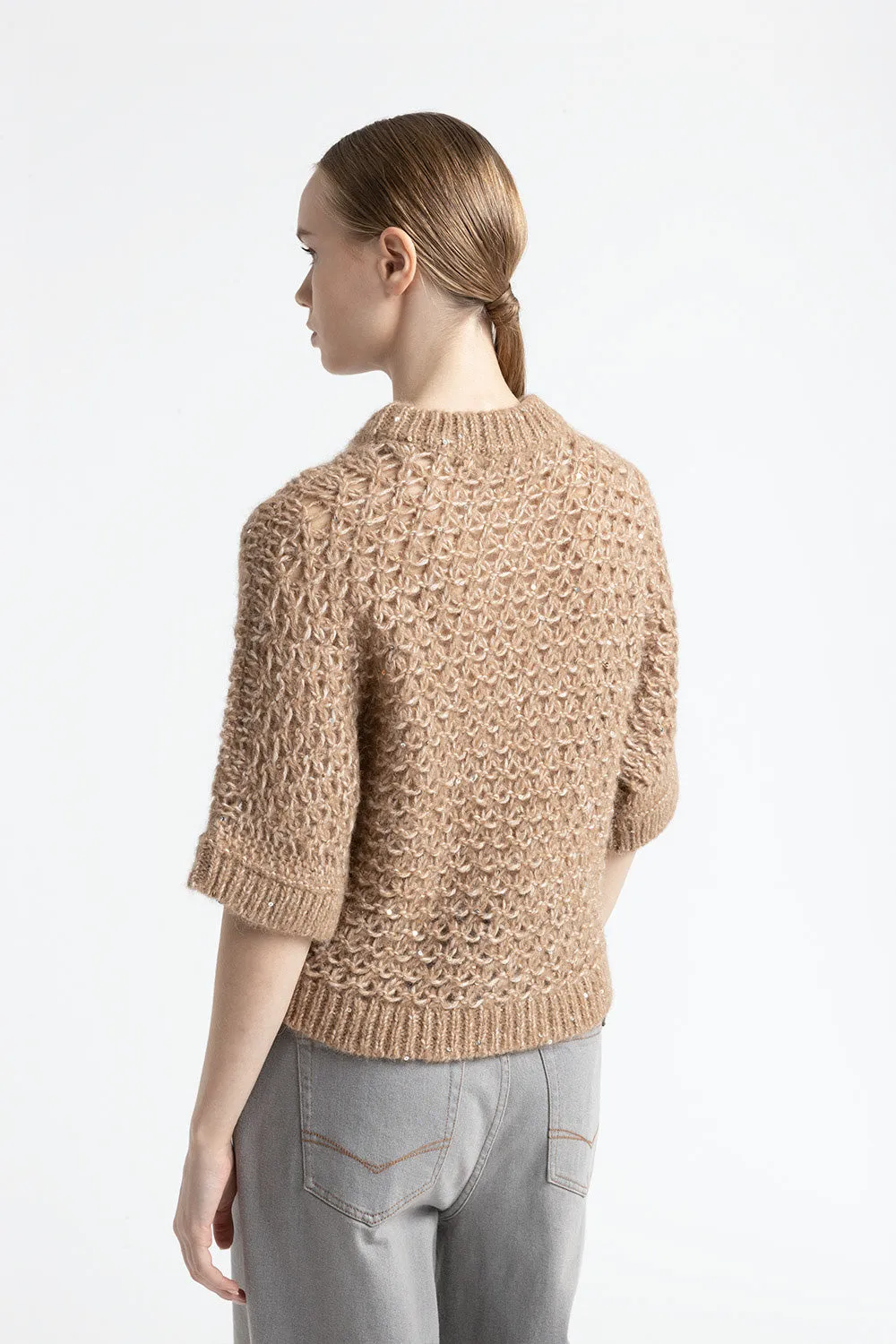 Short-sleeved sweater in an alpaca yarn with sequins