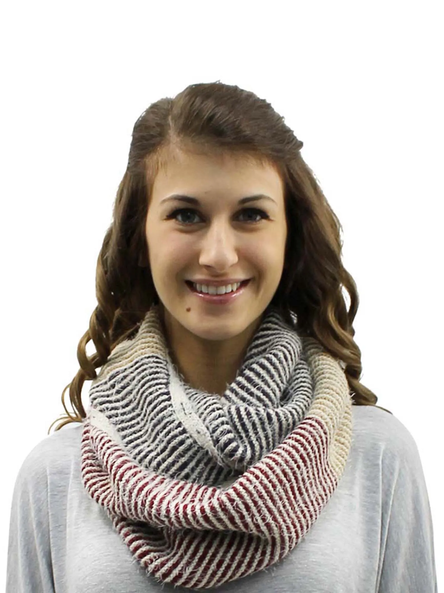 Striped Fuzzy Eyelash Knit Unisex Winter Infinity Scarf