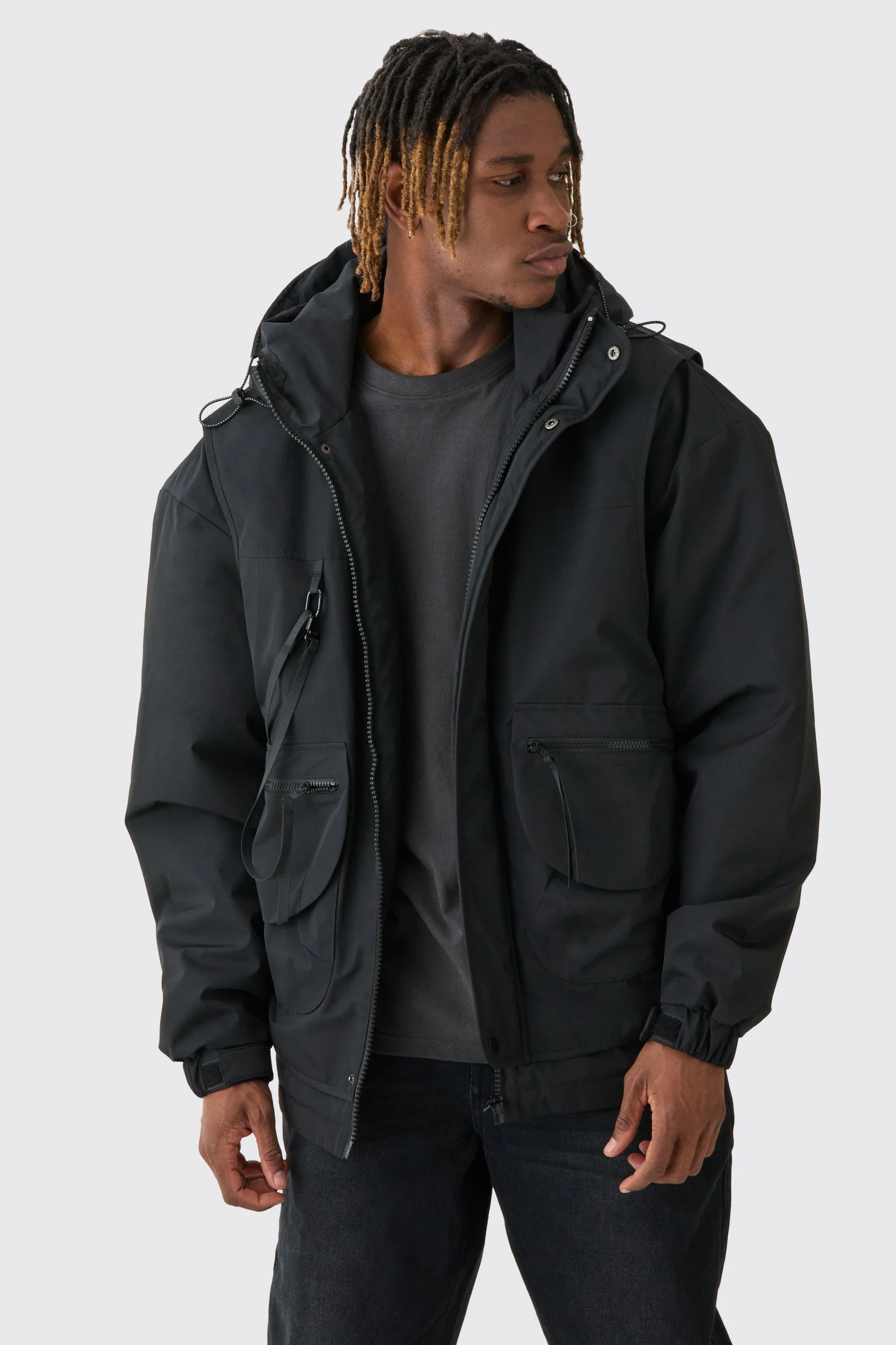 Tall Hooded Utility Tech Parka Jacket In Black | boohooMAN UK