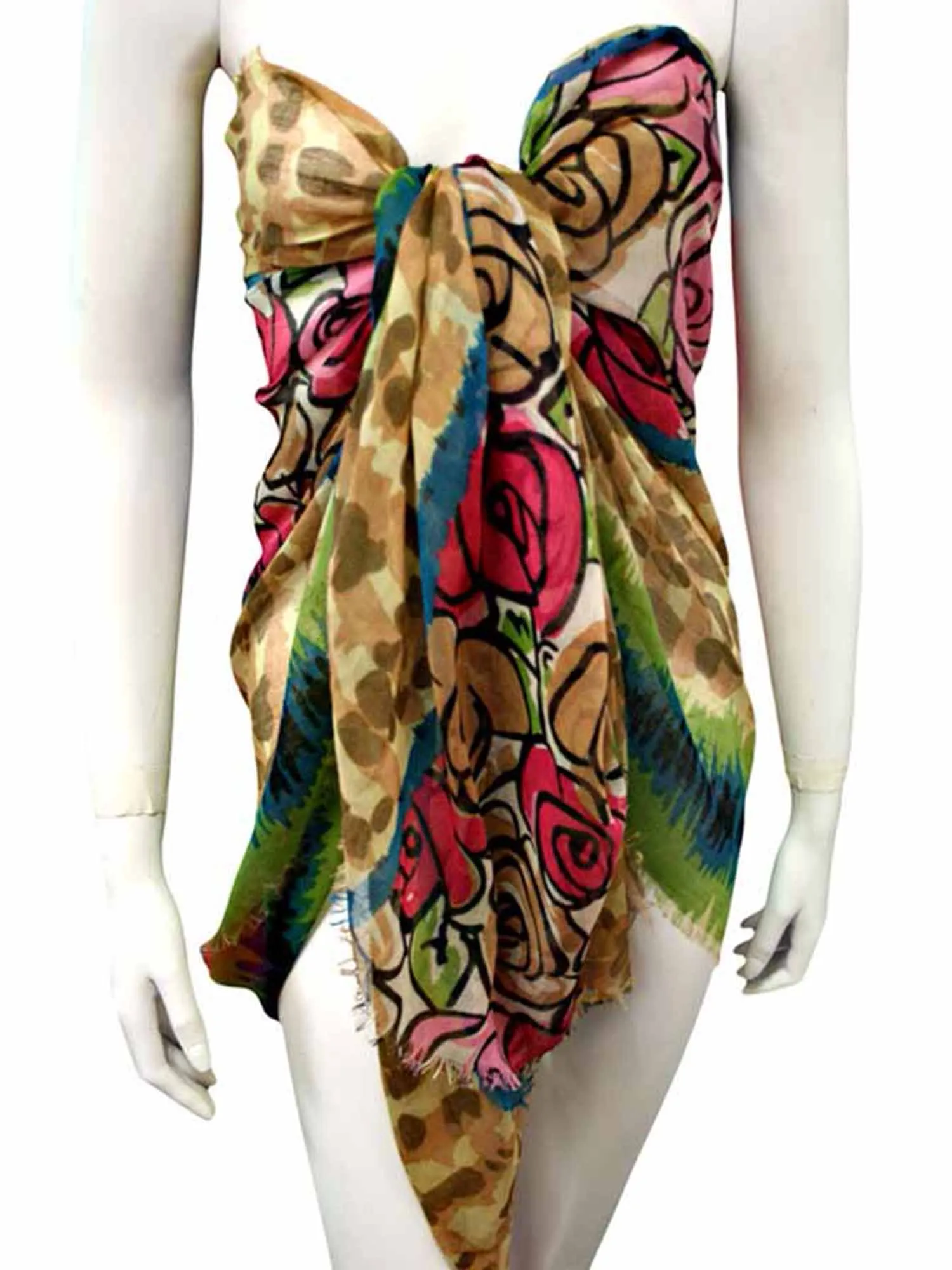 Tan Sheer Multicolor Rose Print Scarf Shawl