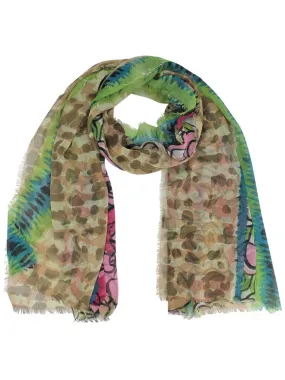 Tan Sheer Multicolor Rose Print Scarf Shawl