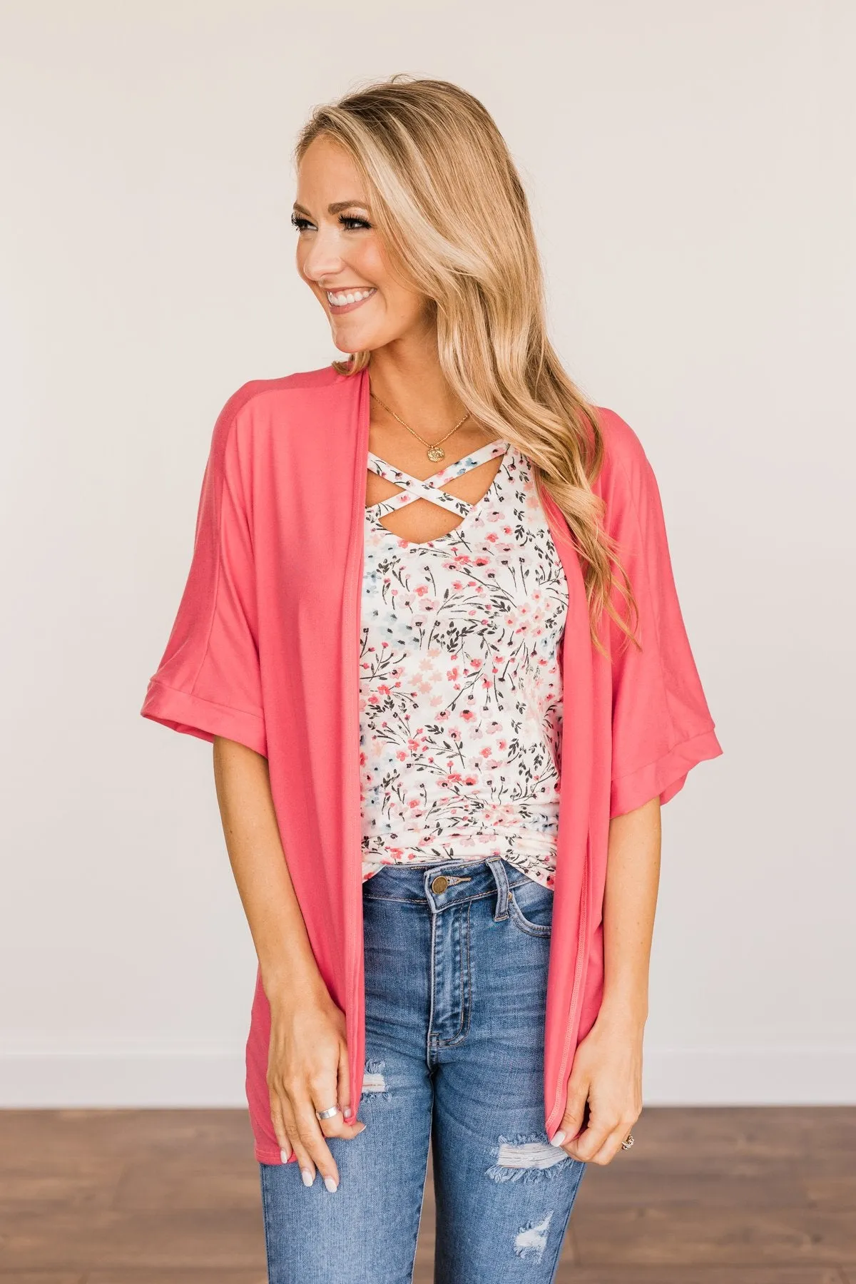 Tender Moments Short Sleeve Kimono- Deep Coral