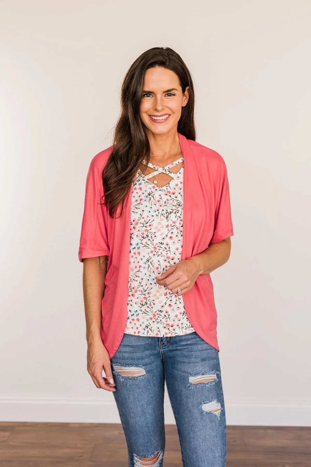 Tender Moments Short Sleeve Kimono- Deep Coral