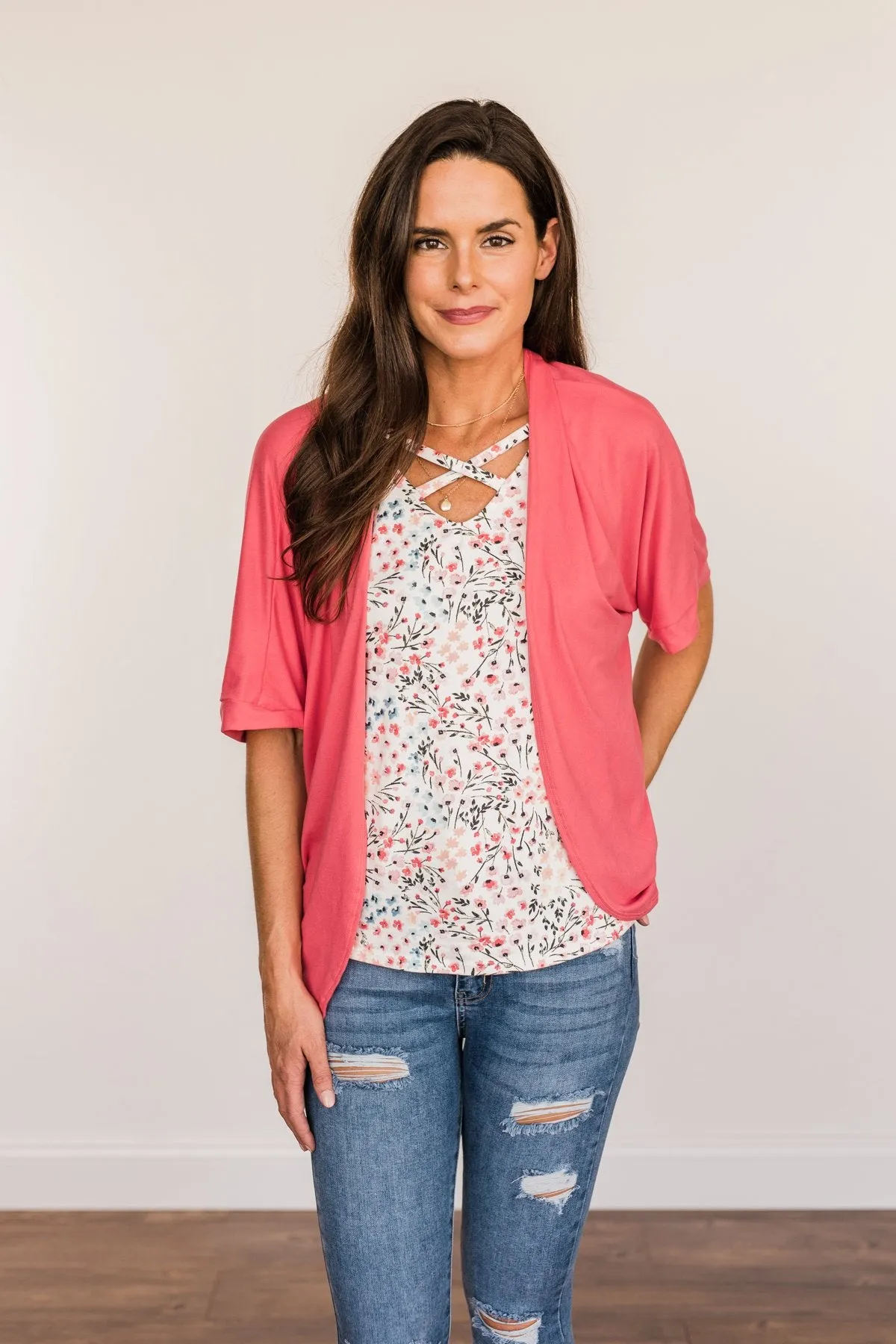 Tender Moments Short Sleeve Kimono- Deep Coral