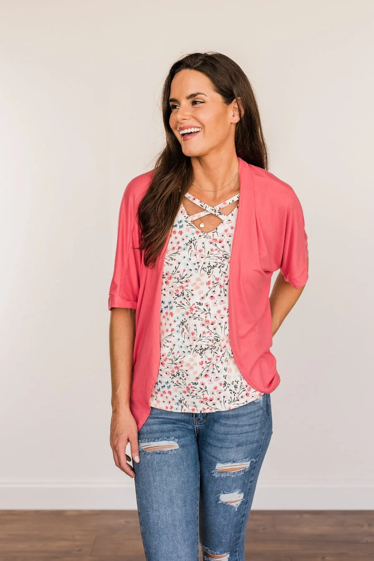 Tender Moments Short Sleeve Kimono- Deep Coral