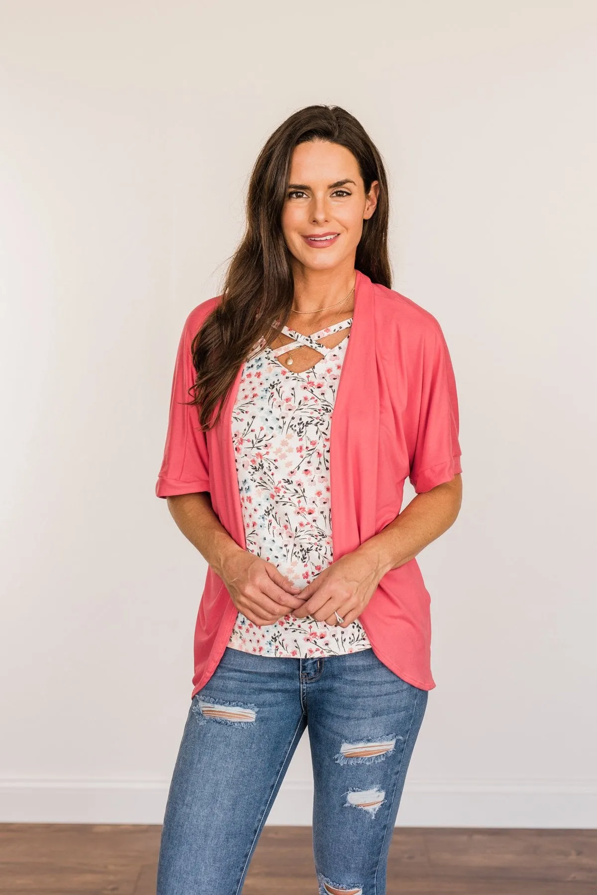 Tender Moments Short Sleeve Kimono- Deep Coral