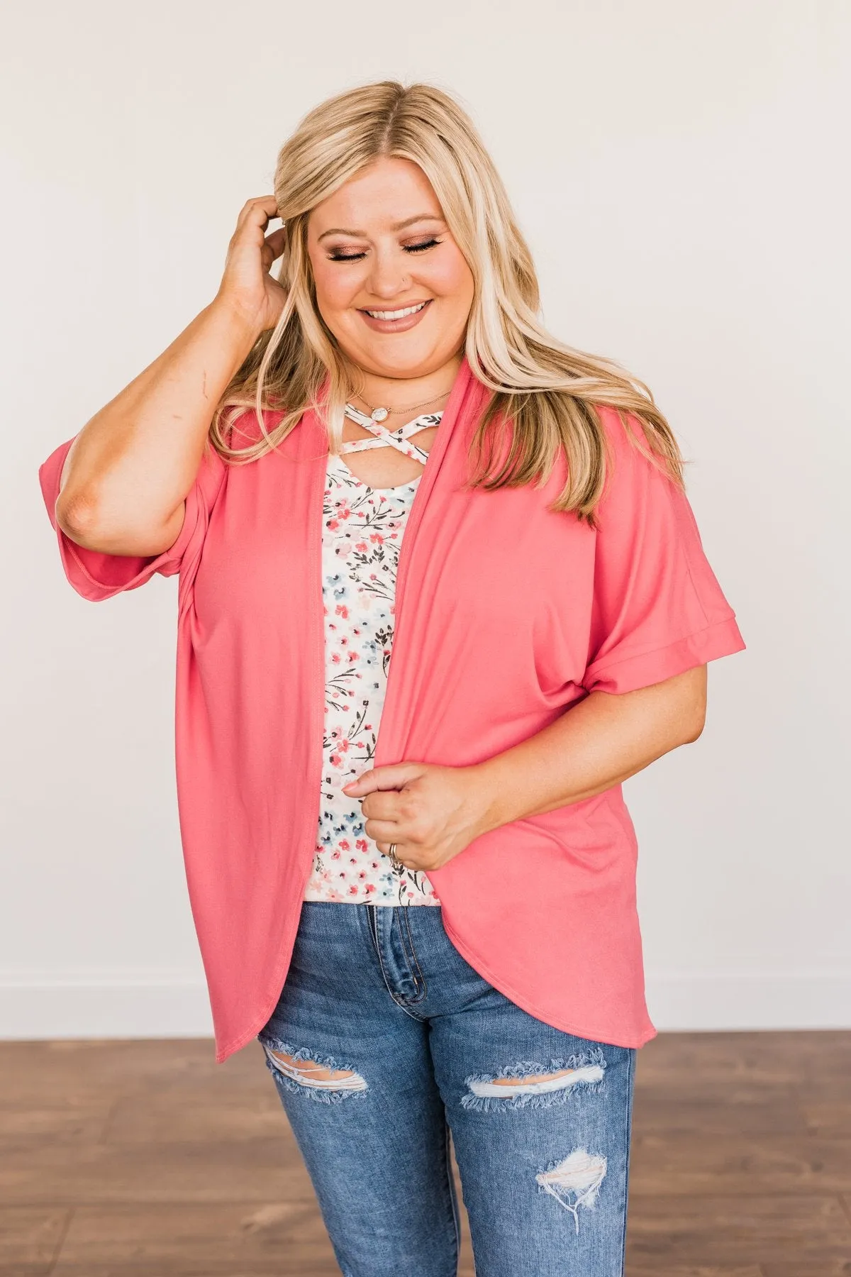 Tender Moments Short Sleeve Kimono- Deep Coral